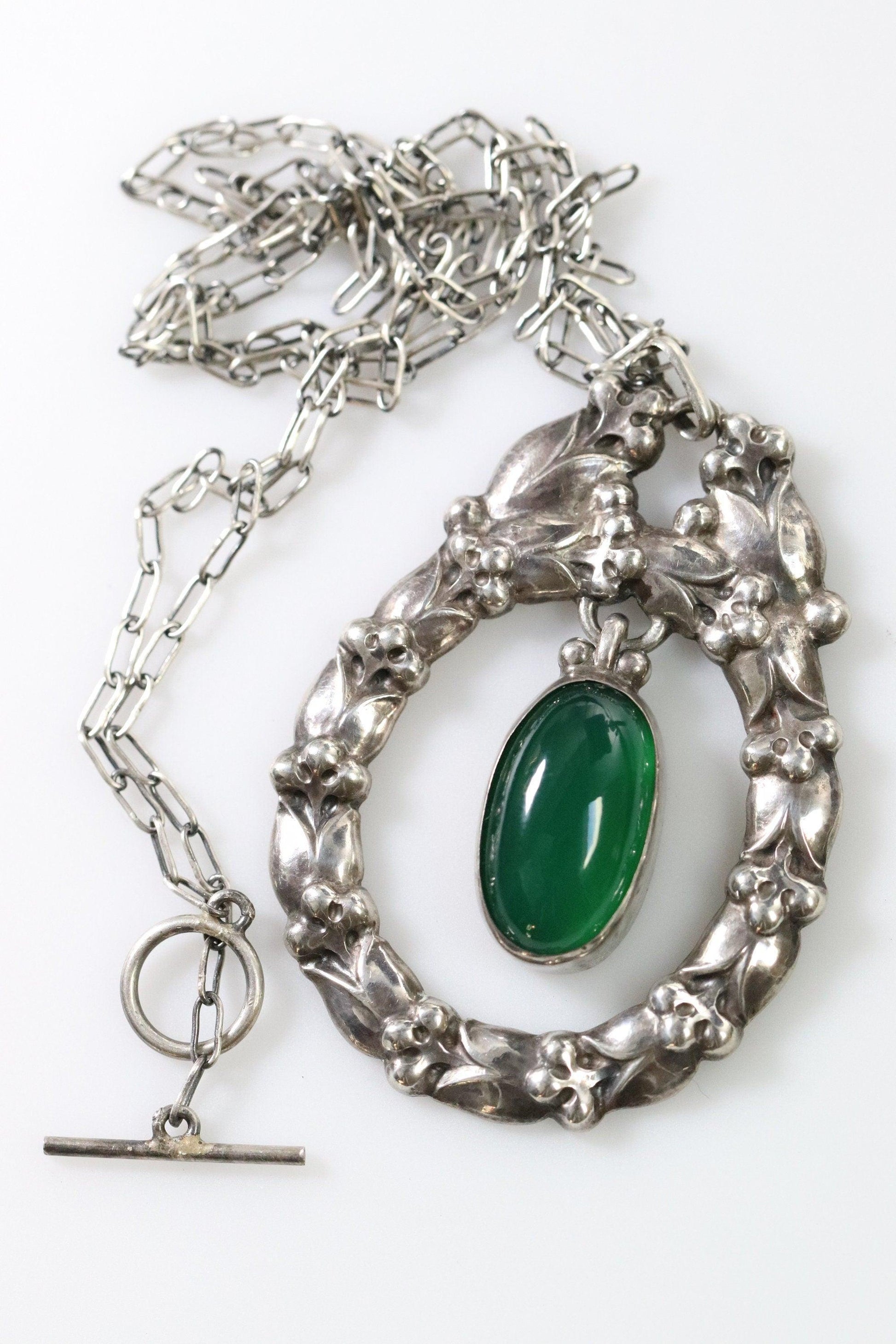 Georg Jensen Jewelry | Chrysoprase Art Nouveau Silver Vintage Necklace Pendant 20 - Carmel Fine Silver Jewelry