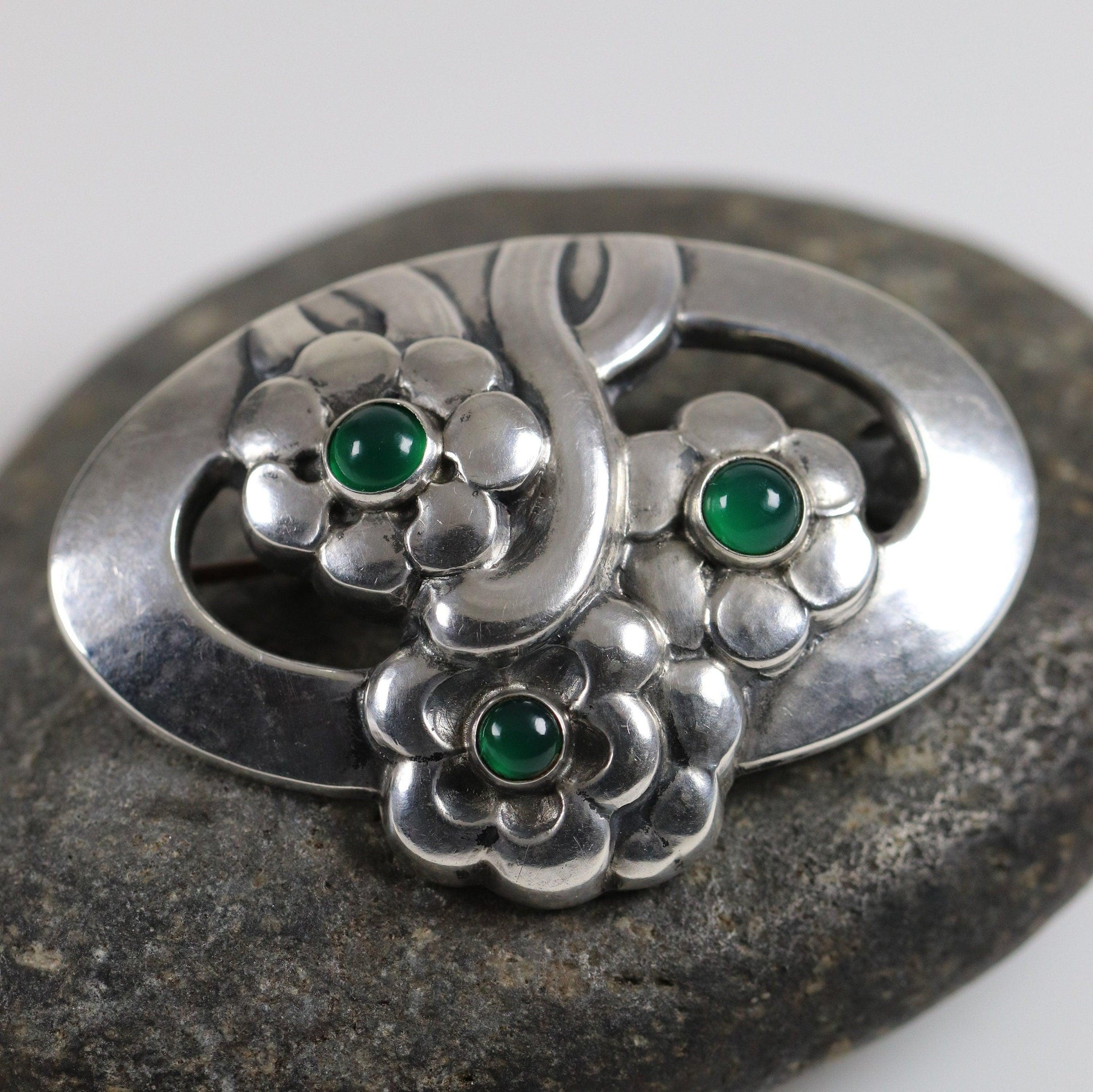 Georg Jensen Jewelry | Chrysoprase Flower Art Nouveau Silver Vintage Brooch 28 - Carmel Fine Silver Jewelry