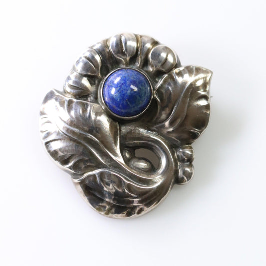 Georg Jensen Jewelry | Lapis Lazuli Floral Art Nouveau Silver Vintage Brooch 71 - Carmel Fine Silver Jewelry