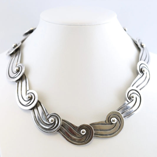 Vintage Los Castillo Taxco Mexican Jewelry | Swirl Panel Linked Necklace - Carmel Fine Silver Jewelry