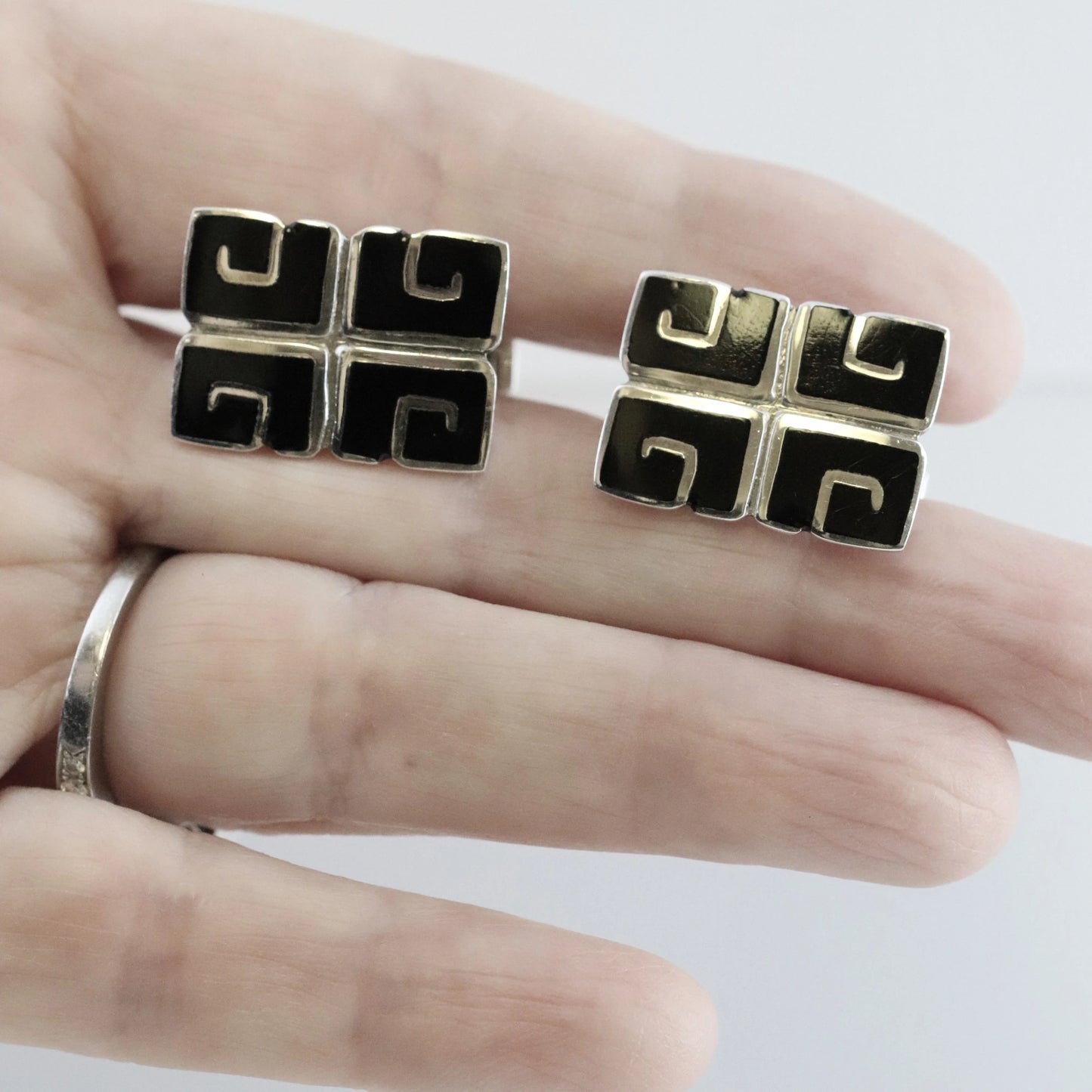 SOLD OUT: BLACK ENAMEL MARGOT DE TAXCO CUFFLINKS - Carmel Fine Silver Jewelry