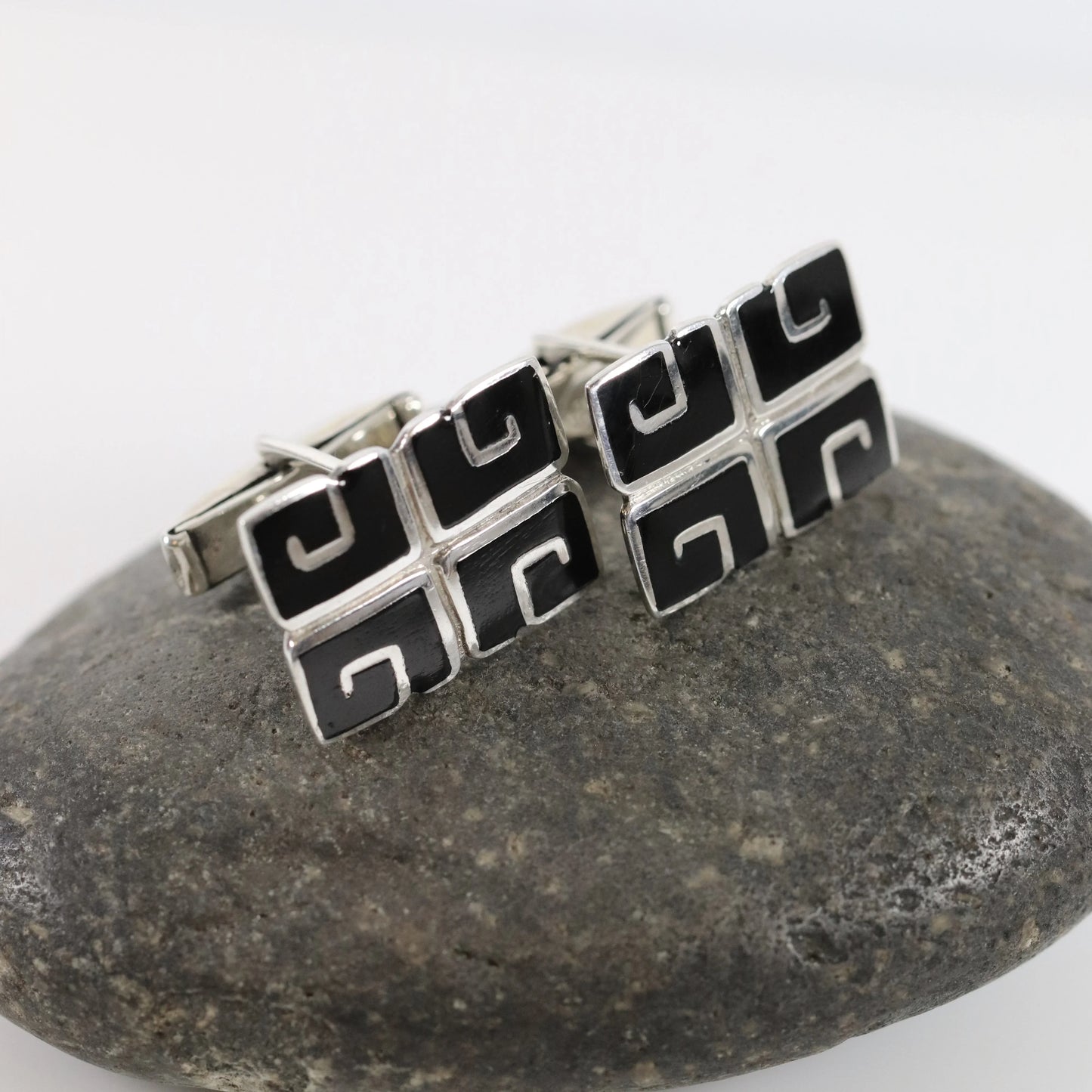 SOLD OUT: BLACK ENAMEL MARGOT DE TAXCO CUFFLINKS - Carmel Fine Silver Jewelry