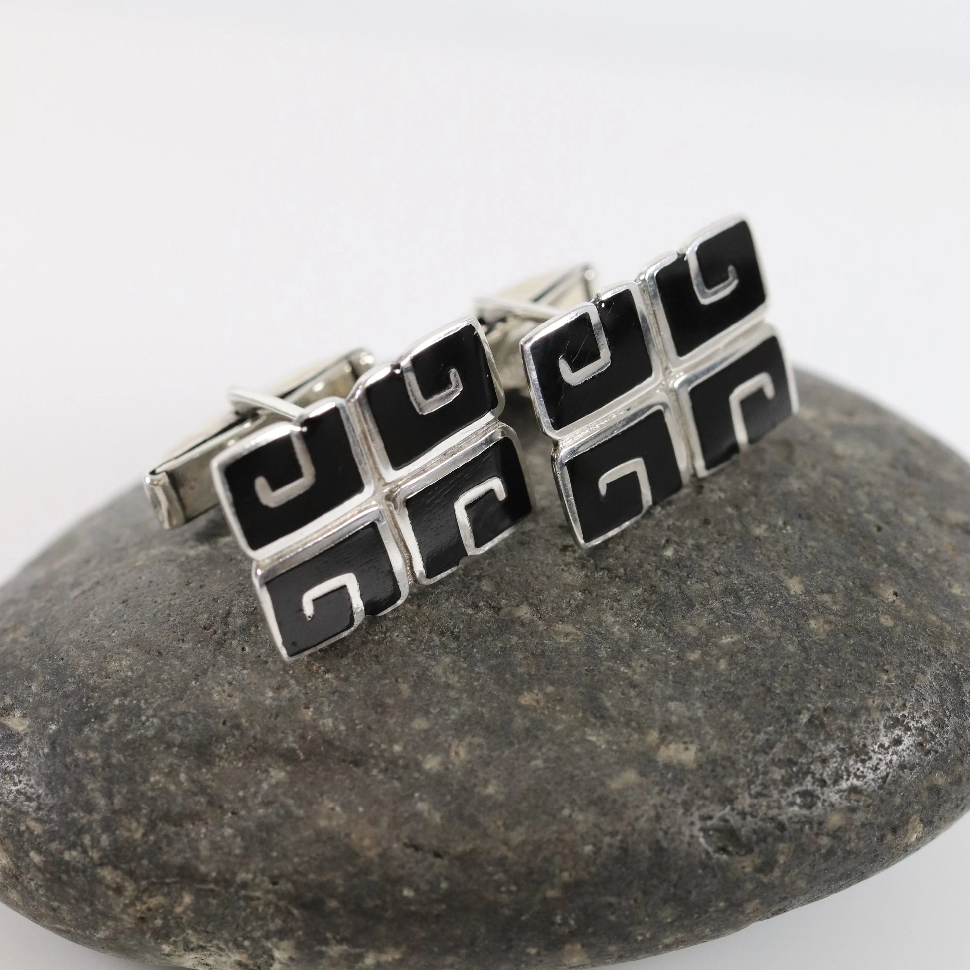 SOLD OUT: BLACK ENAMEL MARGOT DE TAXCO CUFFLINKS - Carmel Fine Silver Jewelry