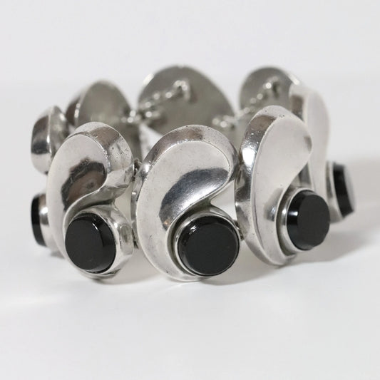 Vintage Antonio Pineda Jewelry | Wide Chunky Modernist Onyx Bracelet Mexico - Carmel Fine Silver Jewelry