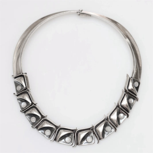 Antonio Pineda Necklace | Taxco Mid-Century Modernist Moonstone Choker | Vintage 970 Sterling Silver Mexico - Carmel Fine Silver Jewelry