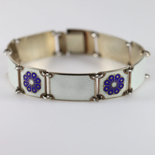 SOLD OUT: David Andersen Enamel Bracelet | Vintage Sterling Silver| Guilloche White and Blue Panel Bracelet Norway - Carmel Fine Silver Jewelry
