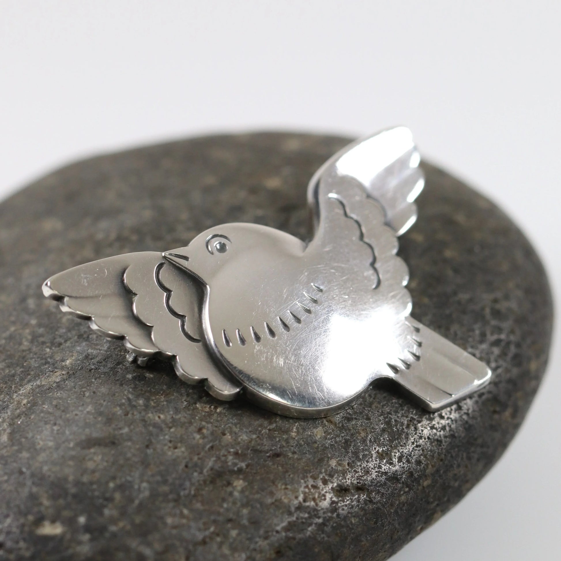 STOCK -- George Jensen Bird Brooch #320 | Vintage Sterling Silver | Chubby Flying Bird Pin - Carmel Fine Silver Jewelry