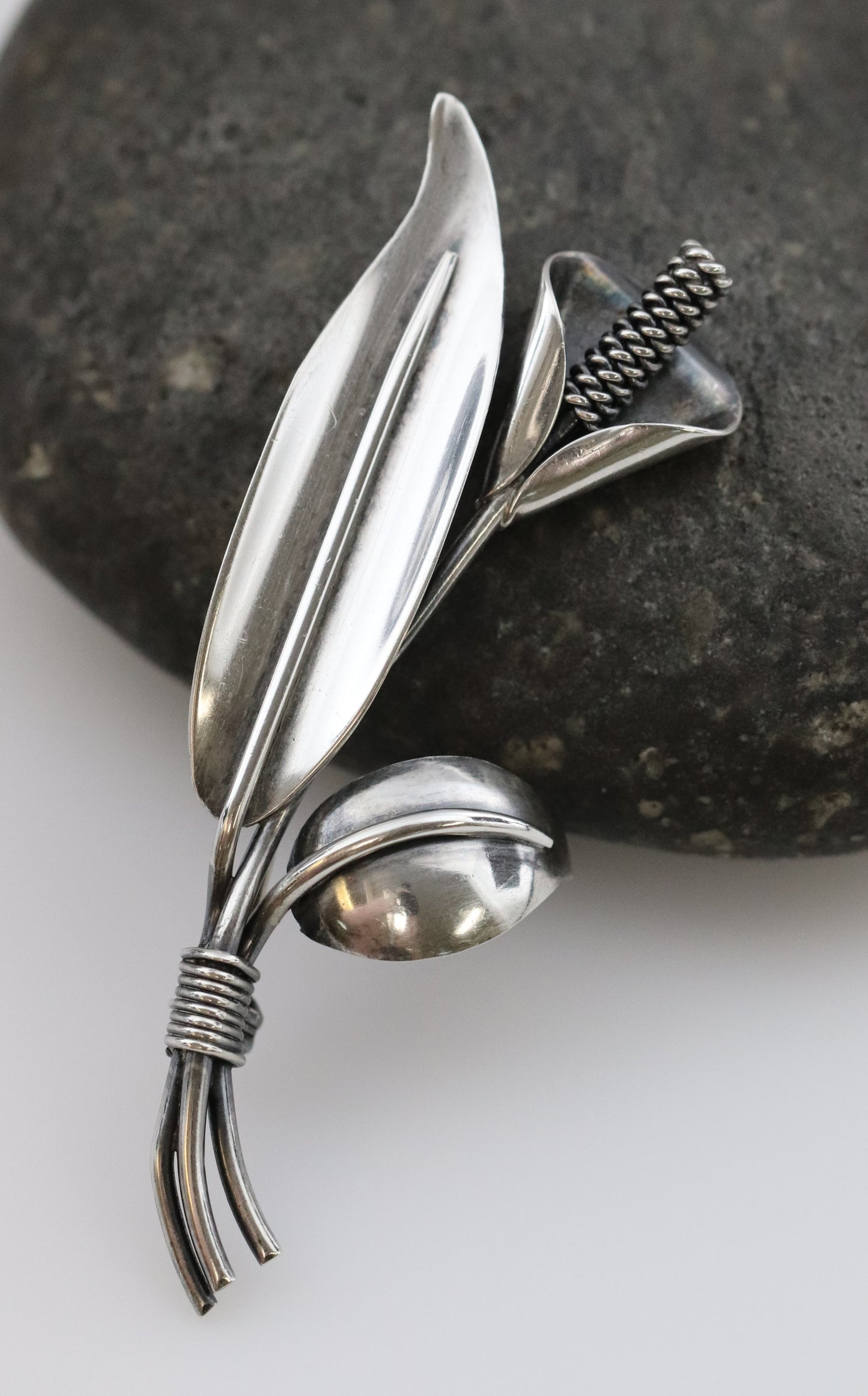 Vintage Handcrafted Silver Jewelry | Hans Jensen Calla Lily Sterling Silver Brooch Denmark