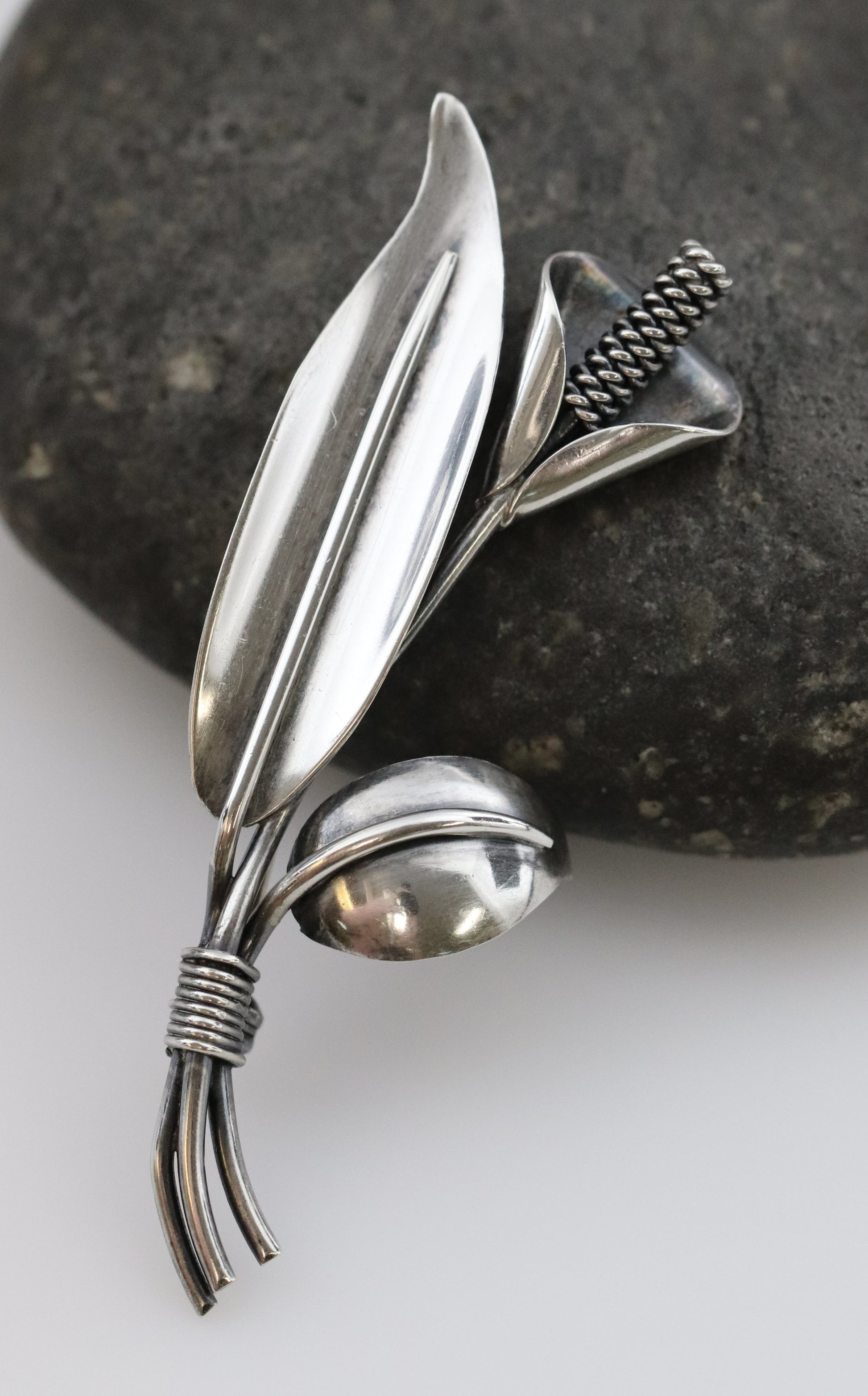 Vintage Handcrafted Silver Jewelry | Hans Jensen Calla Lily Sterling Silver Brooch Denmark