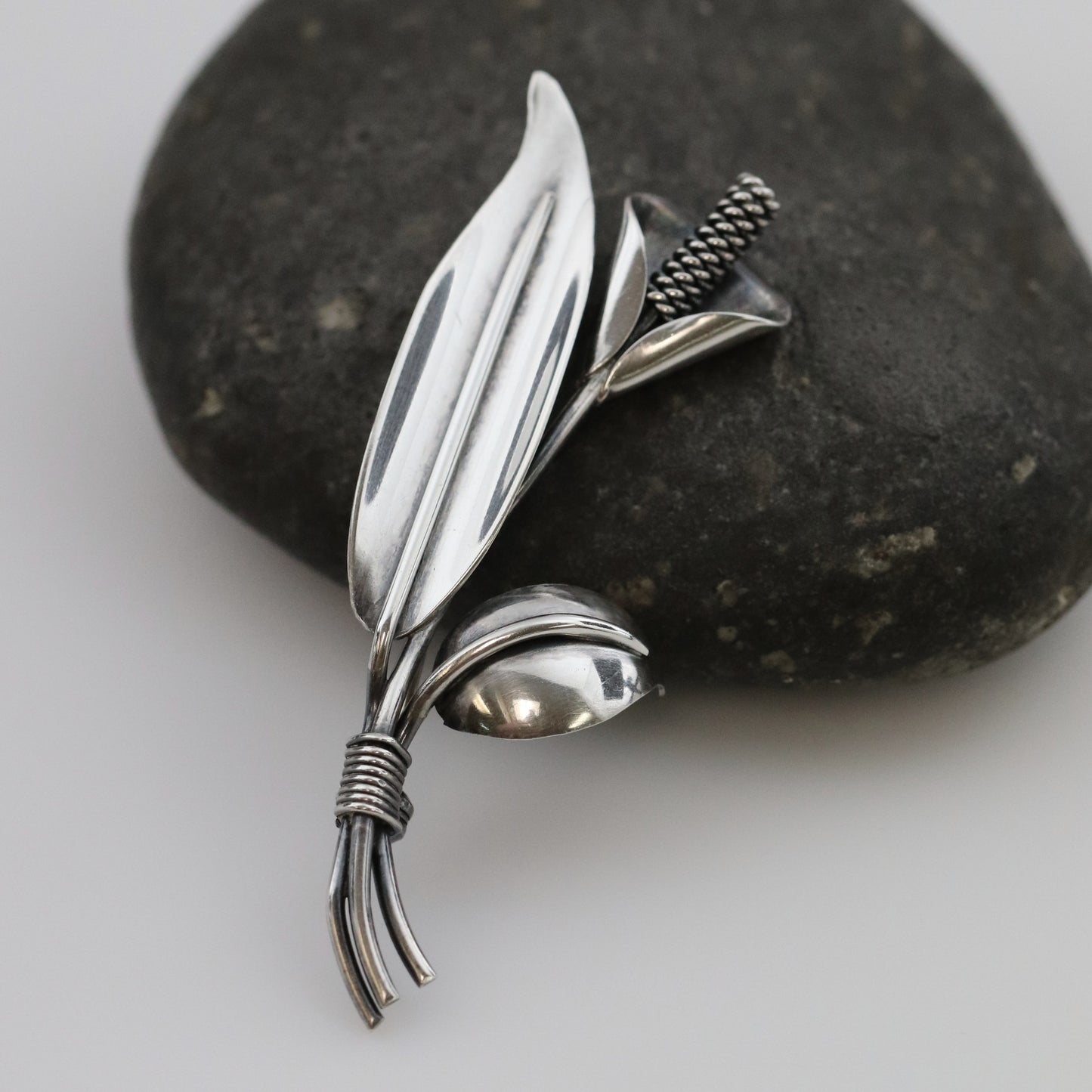 Vintage Handcrafted Silver Jewelry | Hans Jensen Calla Lily Sterling Silver Brooch Denmark