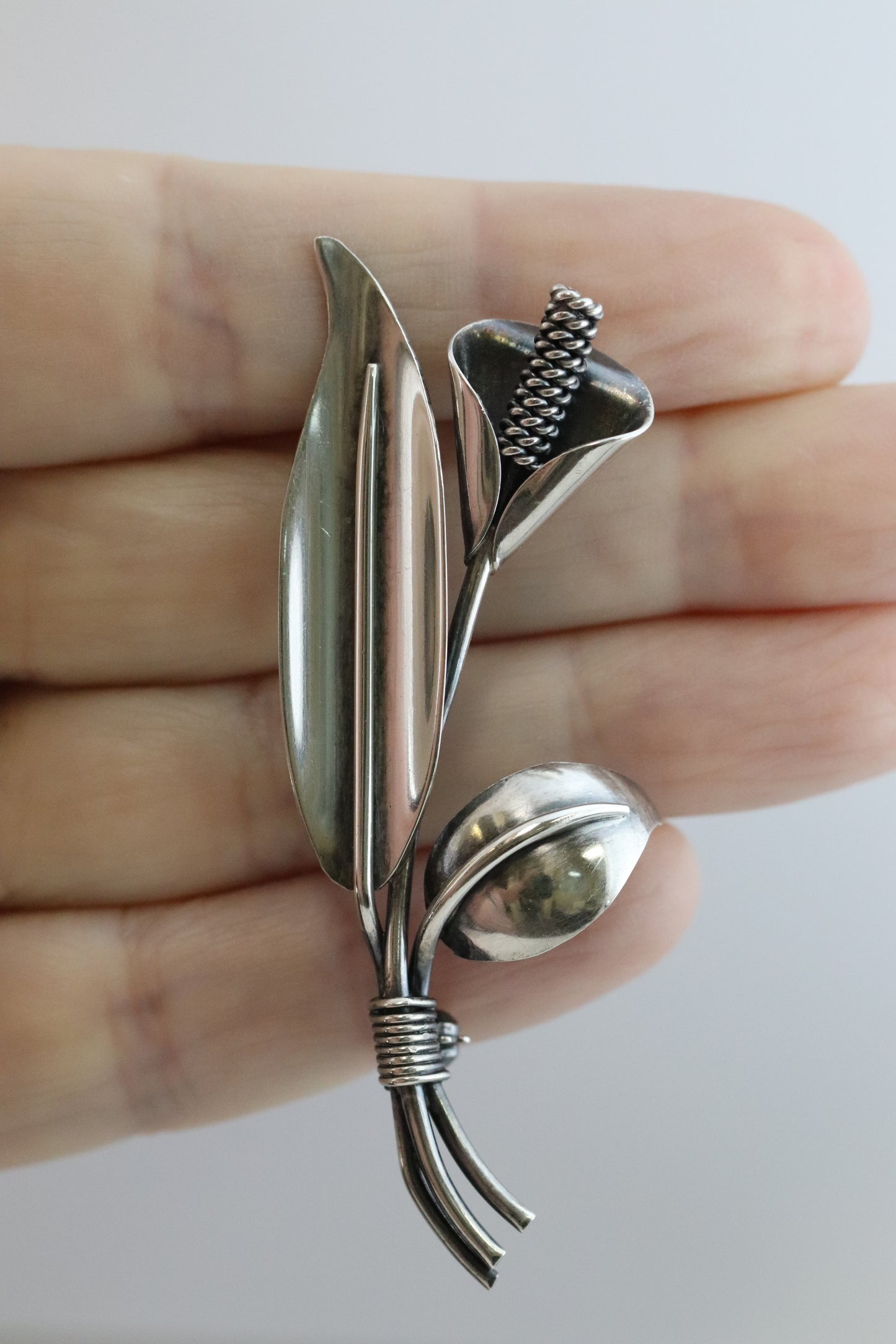 Vintage Handcrafted Silver Jewelry | Hans Jensen Calla Lily Sterling Silver Brooch Denmark