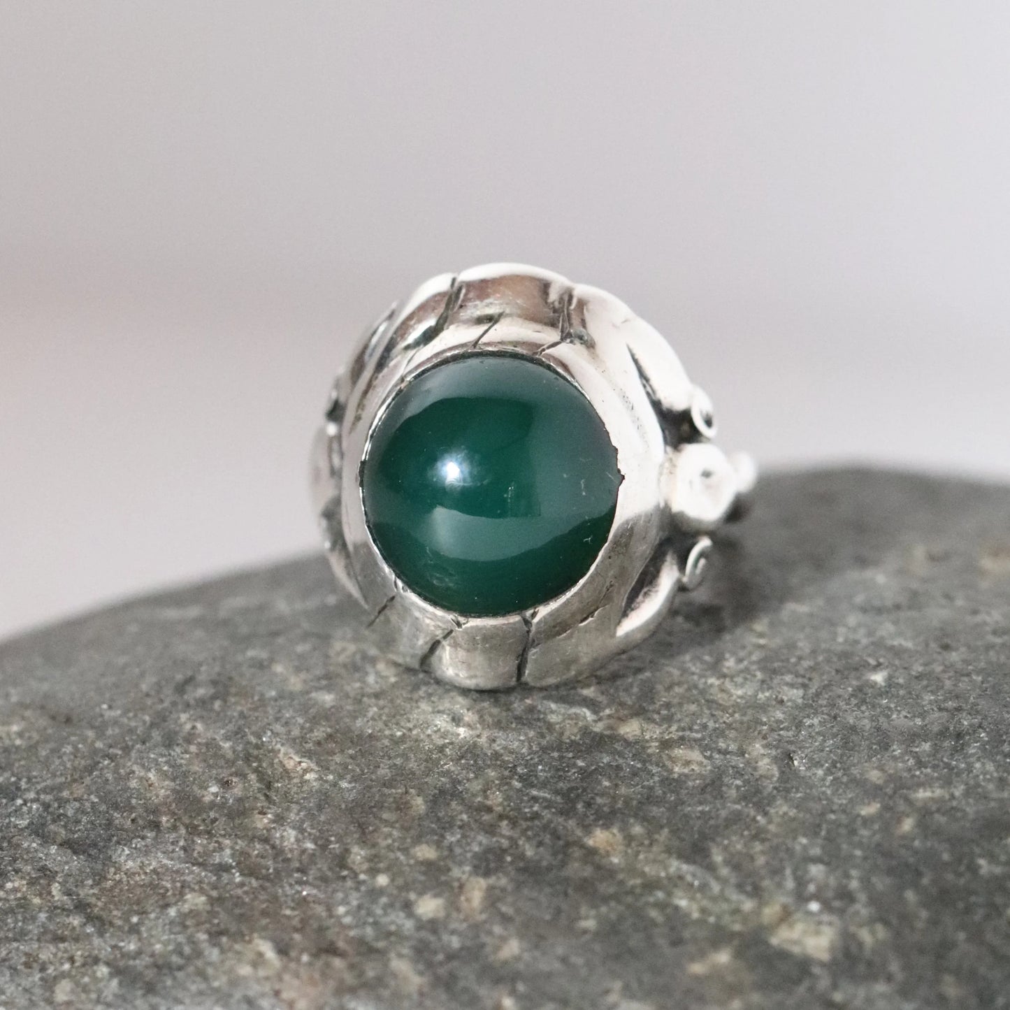 Georg Jensen vintage silver hand-crafted ring with green cabochon stone by Sigi Pineda