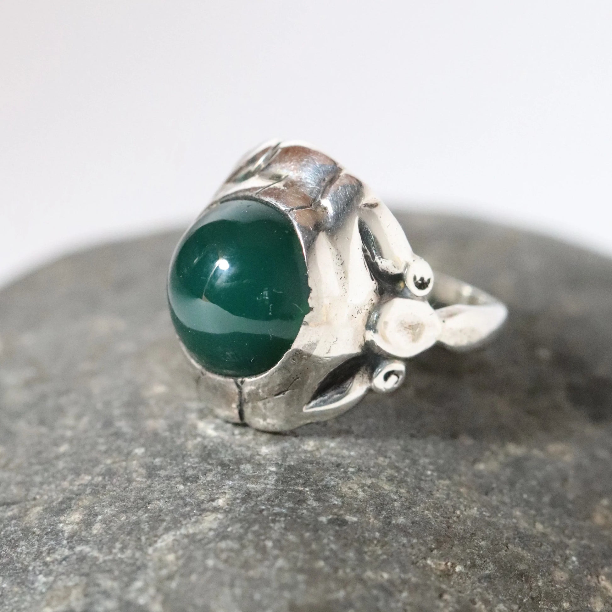 Georg Jensen vintage silver ring with green gemstone, floral motif, designer unknown, antique jewelry