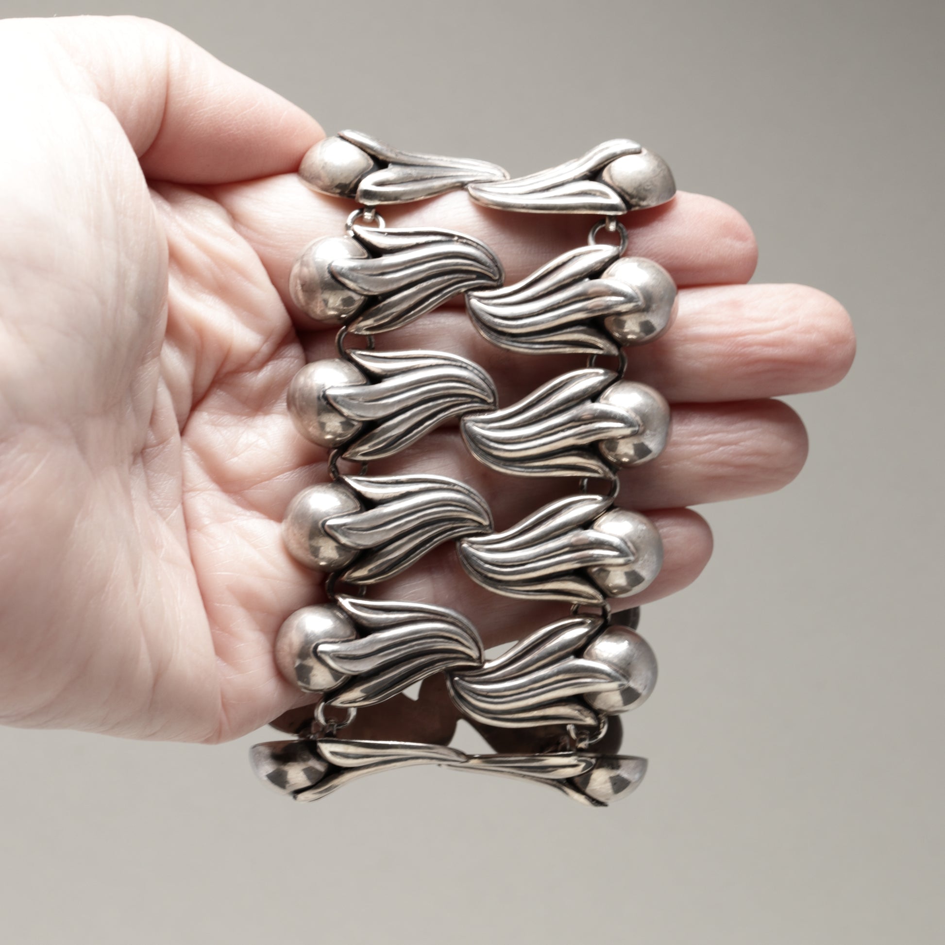 Vintage Los Castillo Taxco Mexican Jewelry | Rare Double Tulip Wide Link Silver Bracelet