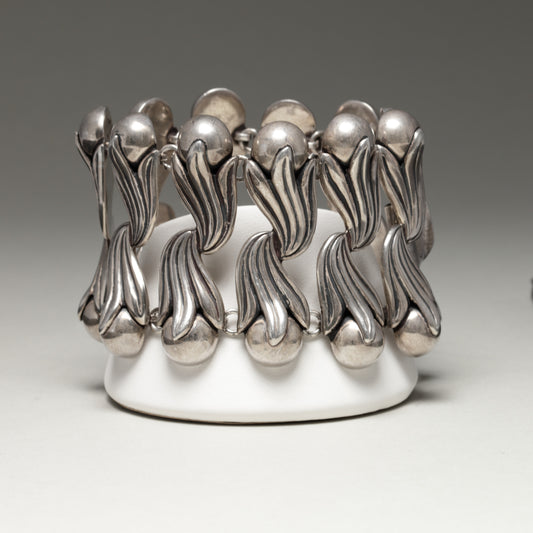 Vintage Los Castillo Taxco Mexican Jewelry | Rare Double Tulip Wide Link Silver Bracelet