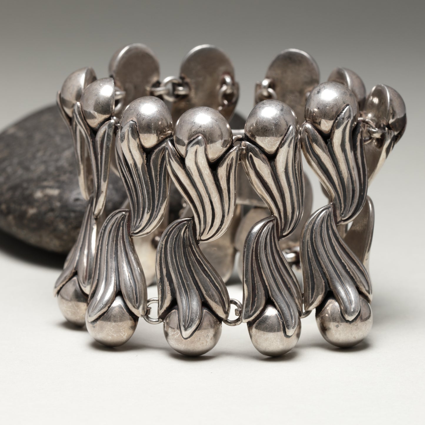 Vintage Los Castillo Taxco Mexican Jewelry | Rare Double Tulip Wide Link Silver Bracelet
