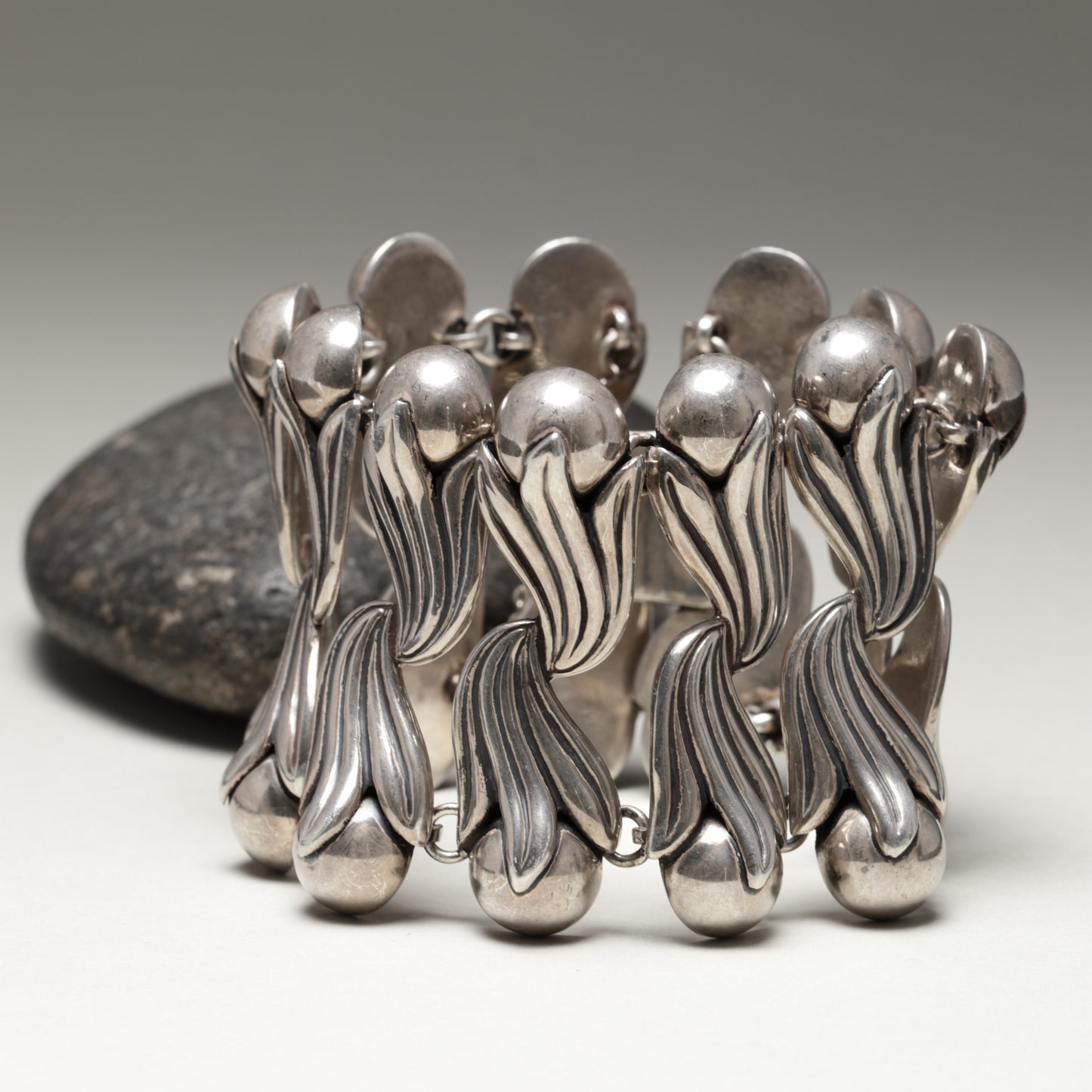 Vintage Los Castillo Taxco Mexican Jewelry | Rare Double Tulip Wide Link Silver Bracelet