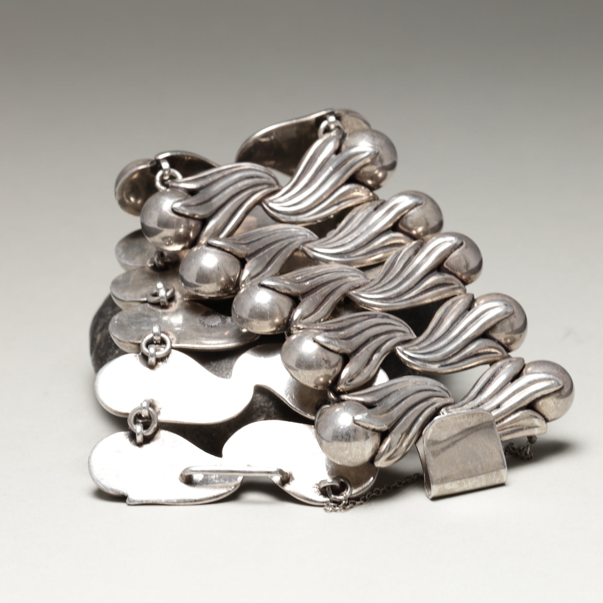 Vintage Los Castillo Taxco Mexican Jewelry | Rare Double Tulip Wide Link Silver Bracelet