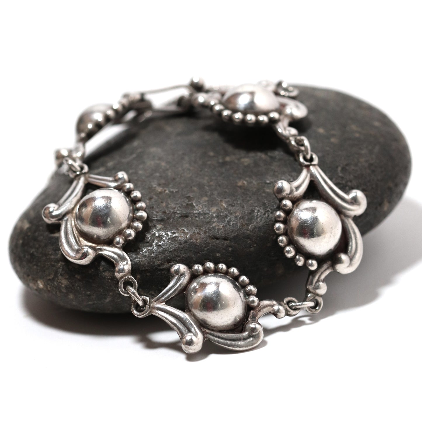 Vintage Los Castillo Taxco Mexican Jewelry | Sterling Silver Floral Cabochon Link Bracelet