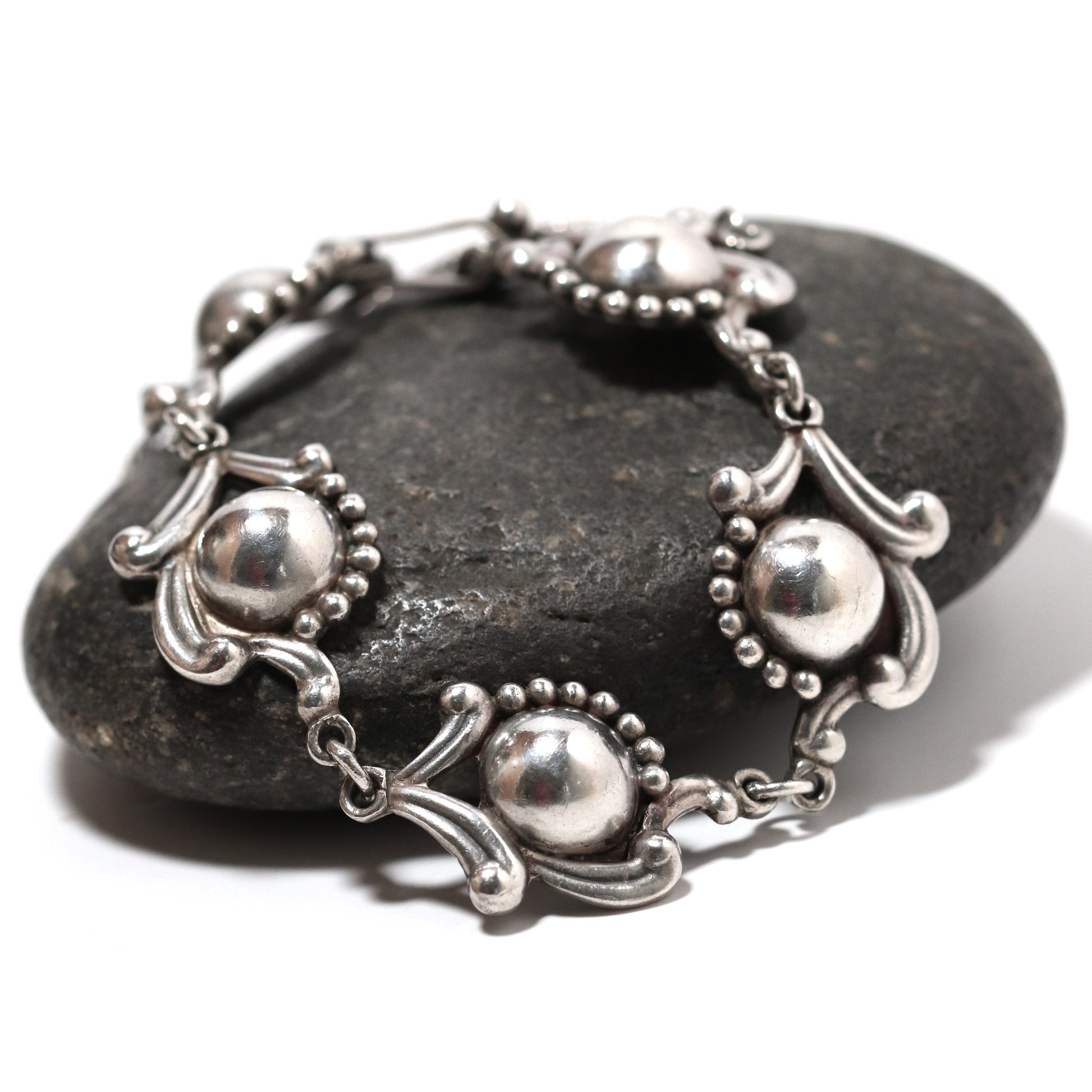 Vintage Los Castillo Taxco Mexican Jewelry | Sterling Silver Floral Cabochon Link Bracelet