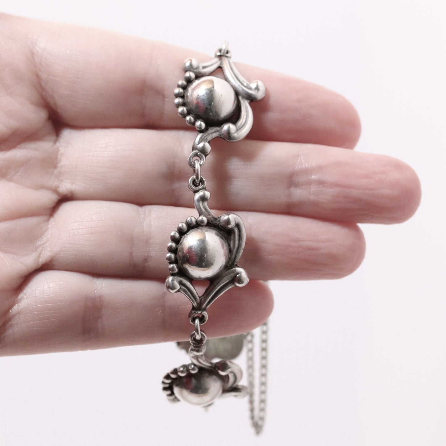 Vintage Los Castillo Taxco Mexican Jewelry | Sterling Silver Floral Cabochon Link Bracelet