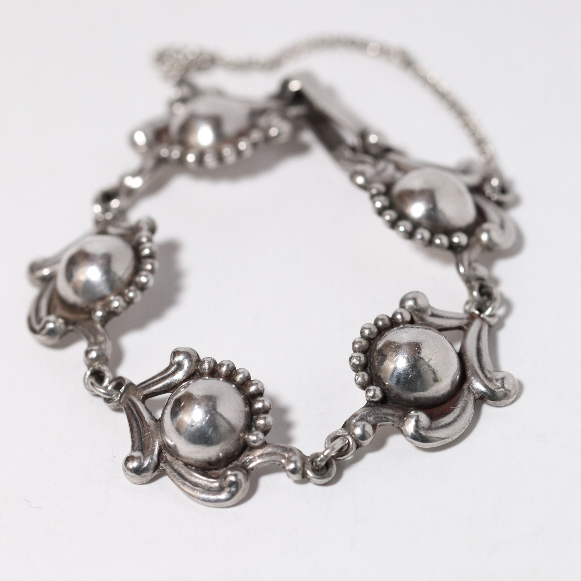 Vintage Los Castillo Taxco Mexican Jewelry | Sterling Silver Floral Cabochon Link Bracelet