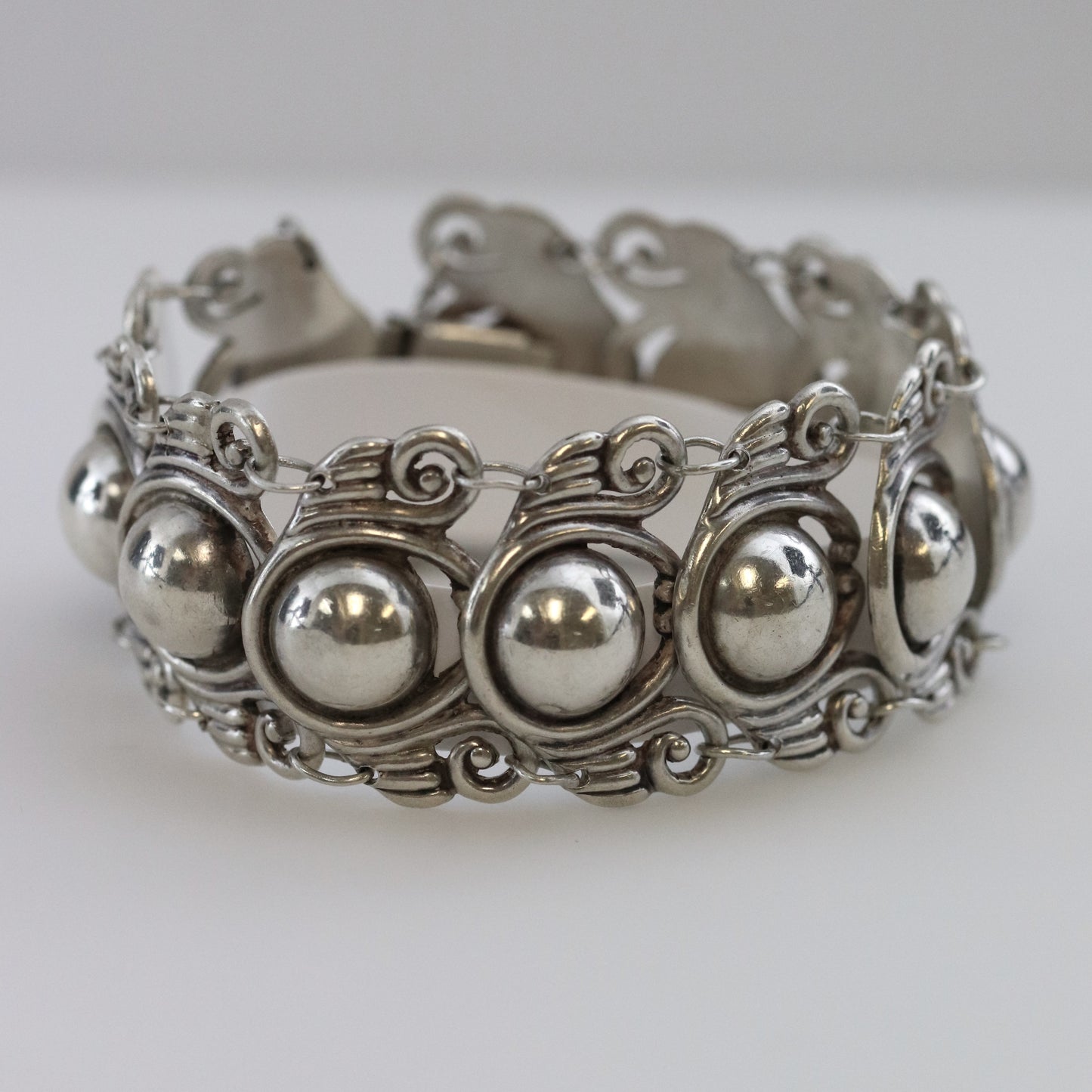 Los Castillo Taxco silver cabochon bracelet with ornate vintage design