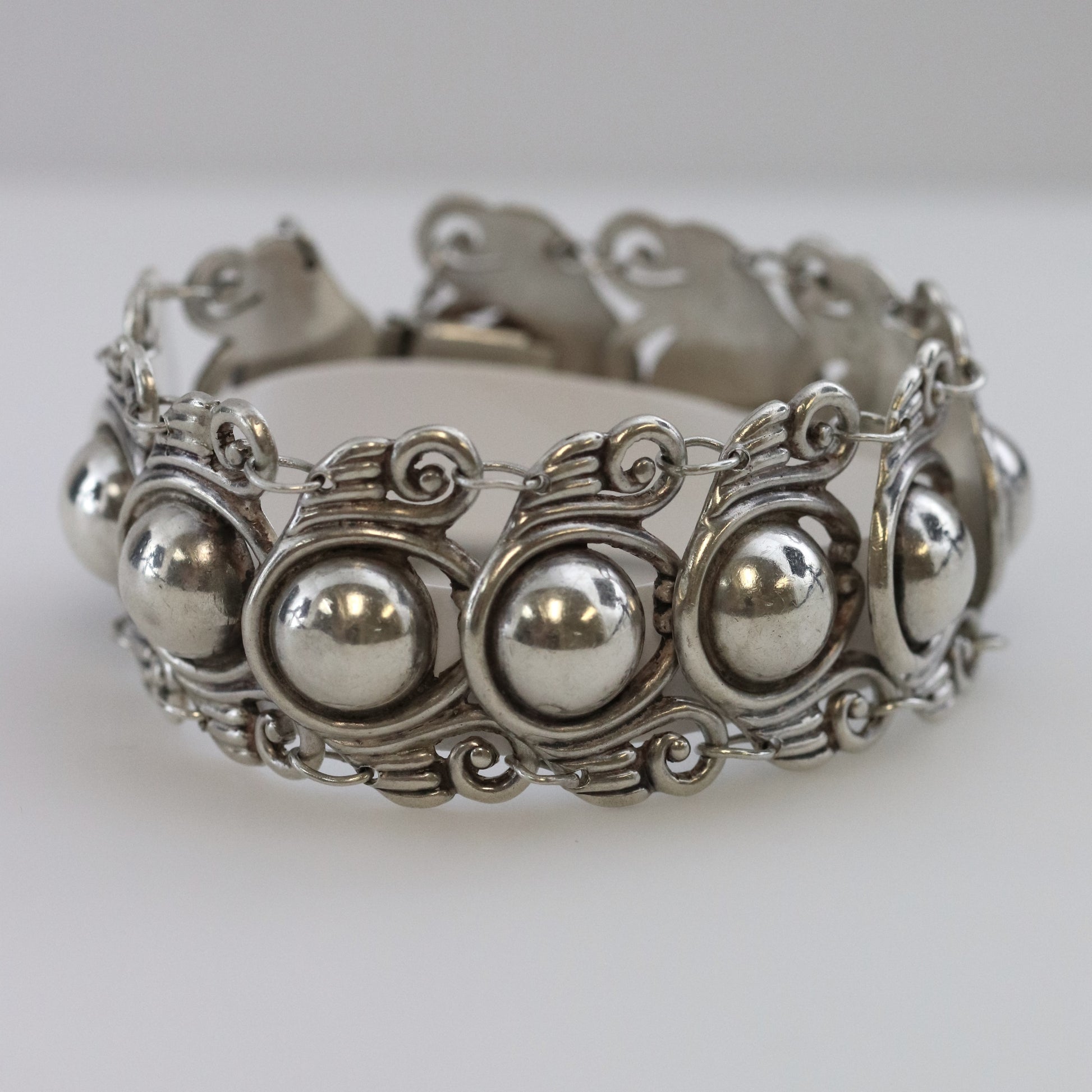 Los Castillo Taxco silver cabochon bracelet with ornate vintage design