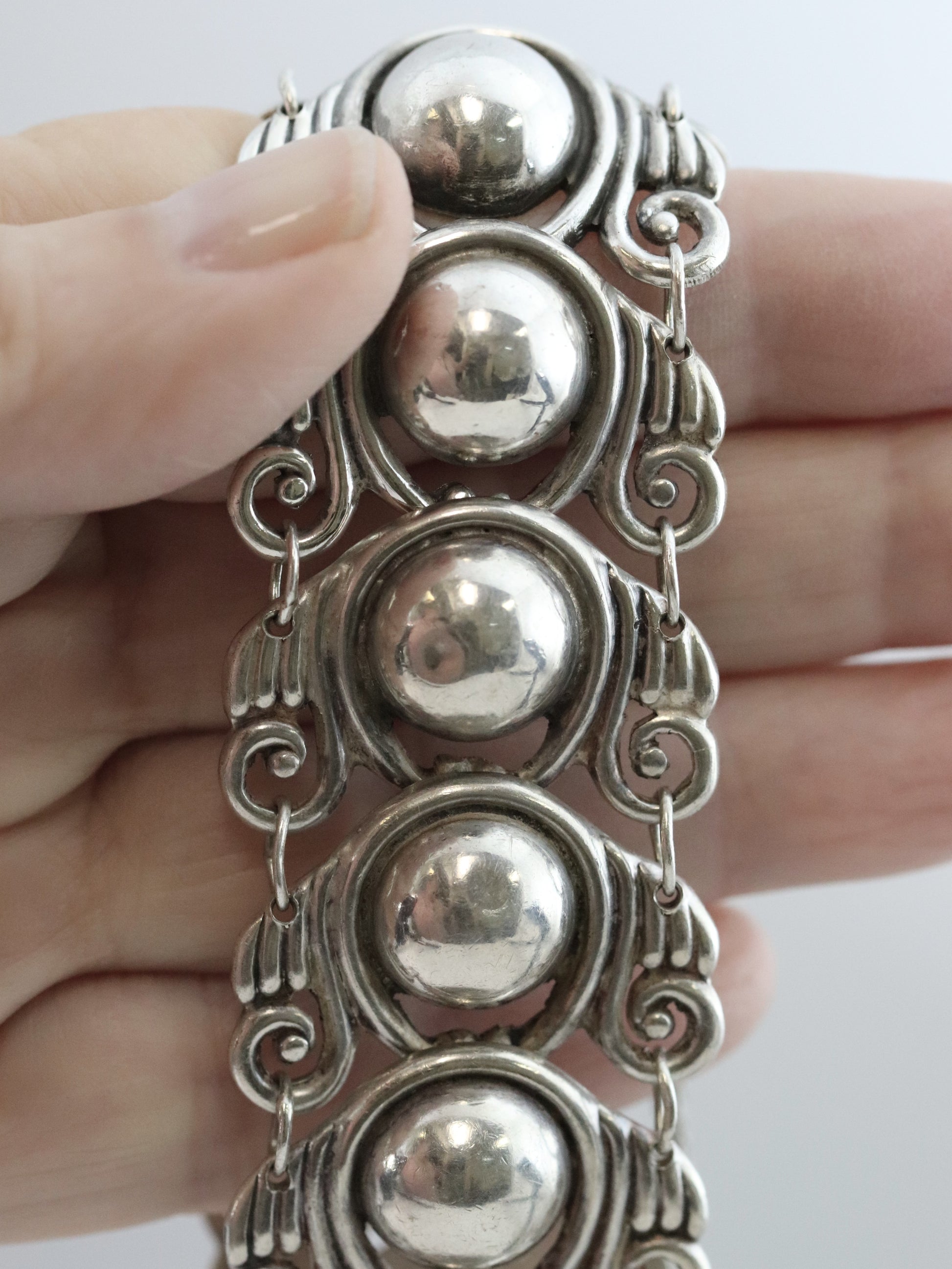 Los Castillo Taxco silver cabochon bracelet with ornate vintage design