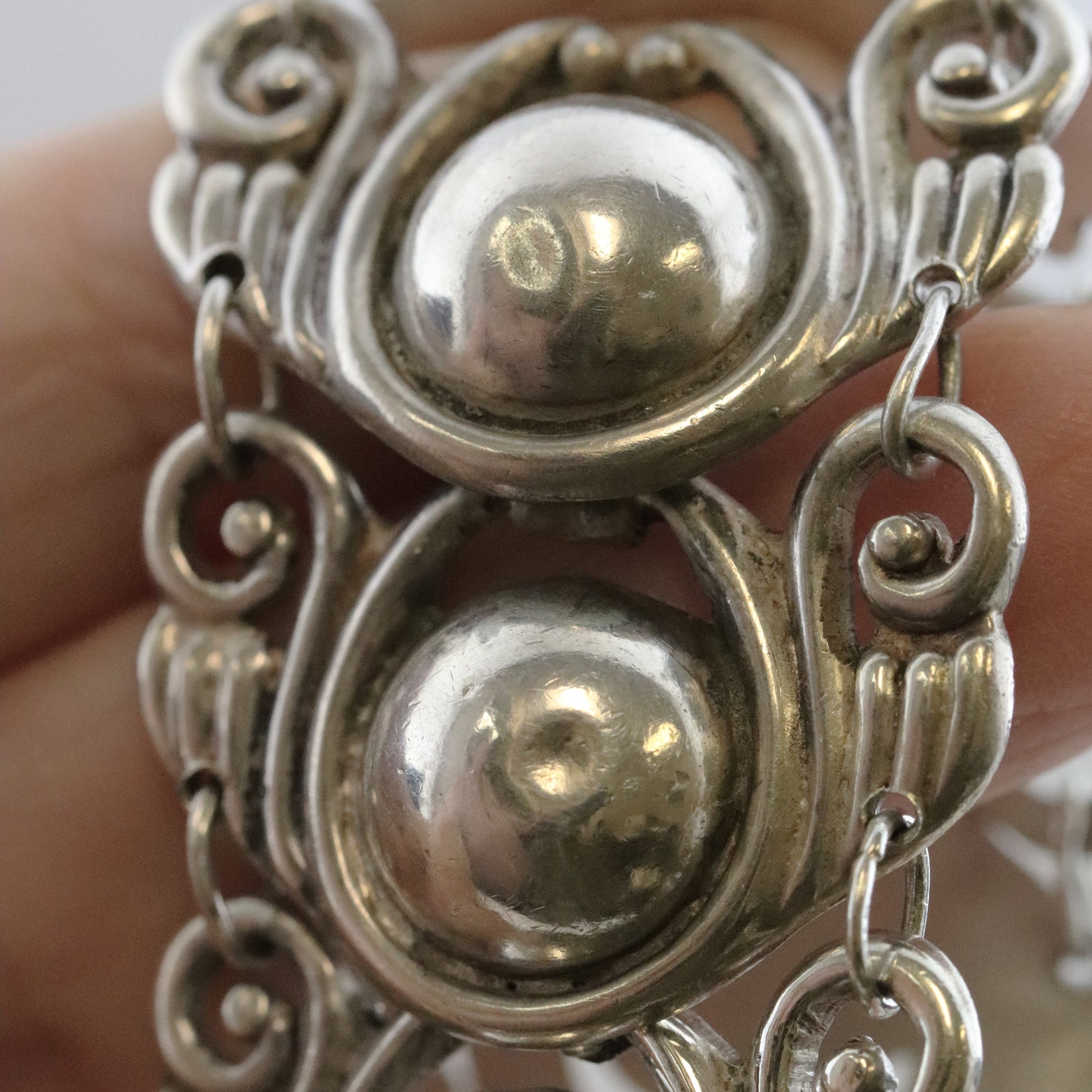 Los Castillo Taxco silver cabochon bracelet with ornate vintage design details