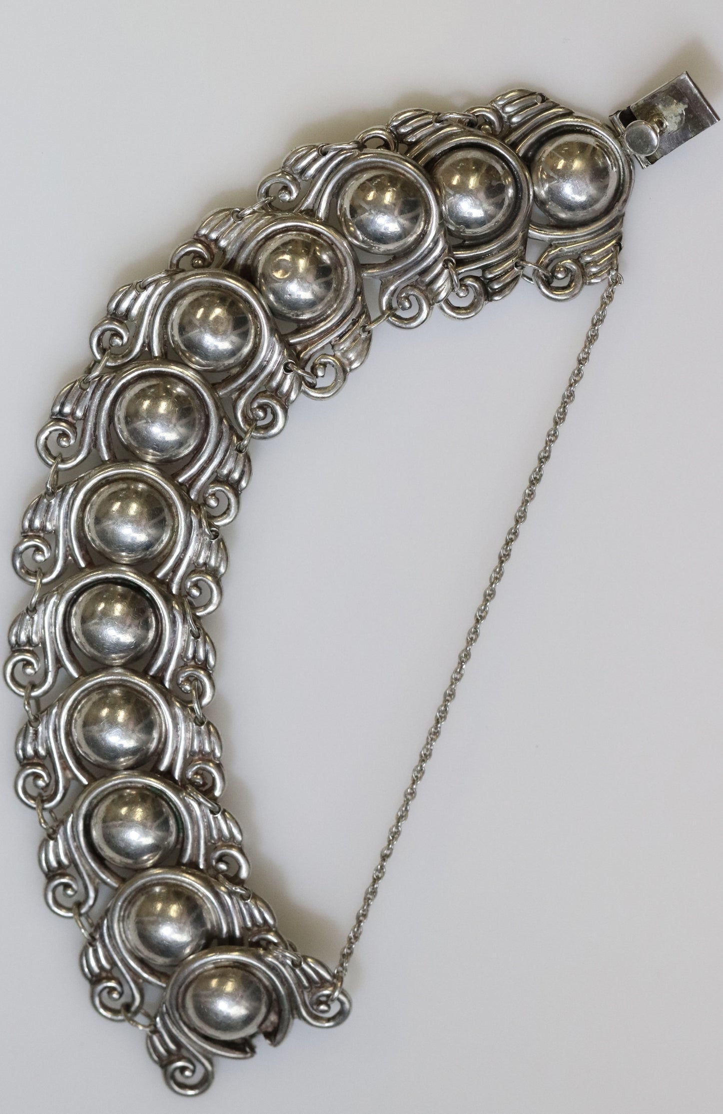 Los Castillo Taxco silver cabochon bracelet with ornate vintage design