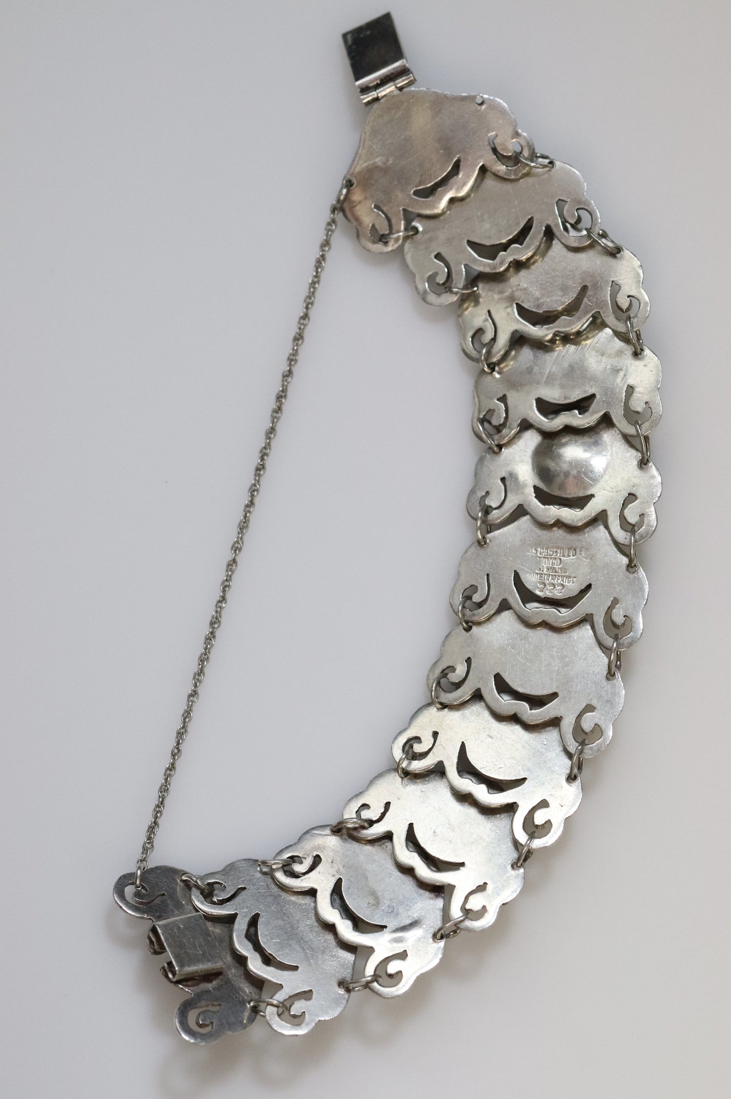 Los Castillo Taxco vintage silver cabochon bracelet with decorative links and safety chain
