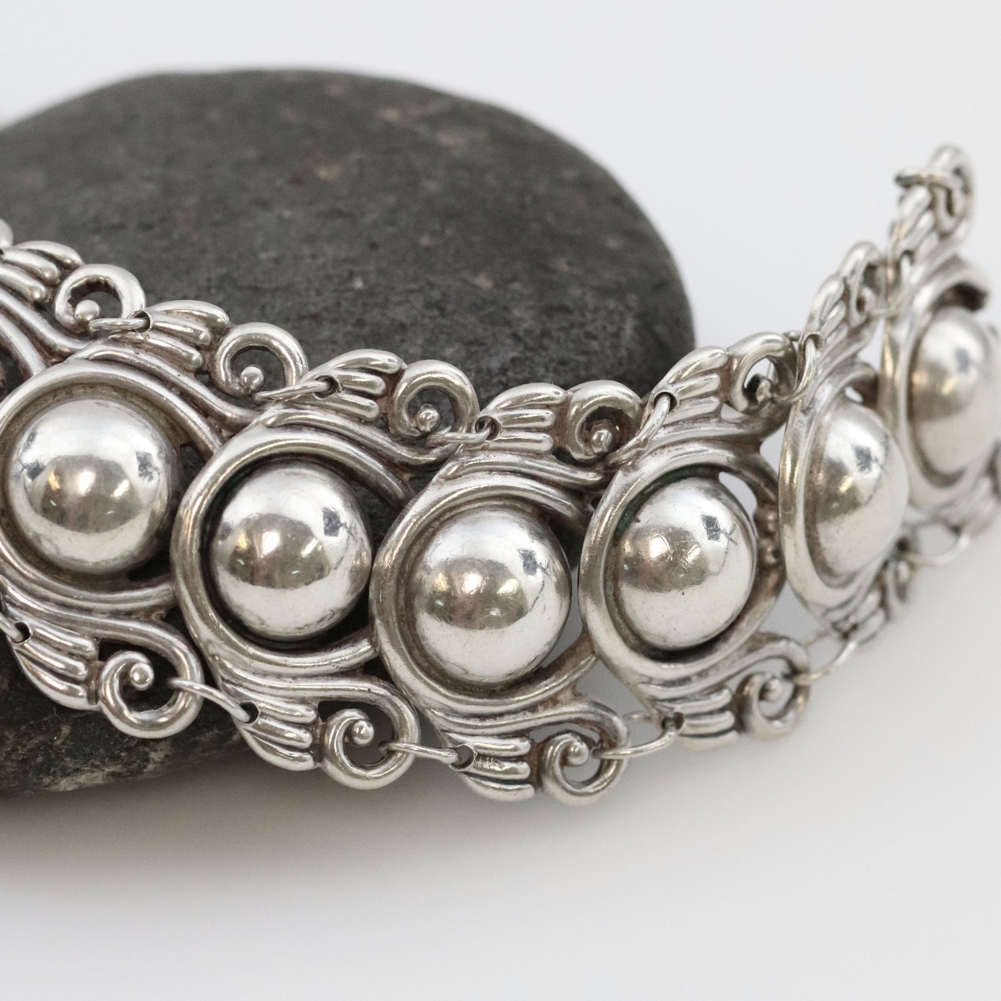 Los Castillo Taxco silver cabochon bracelet with ornate vintage design