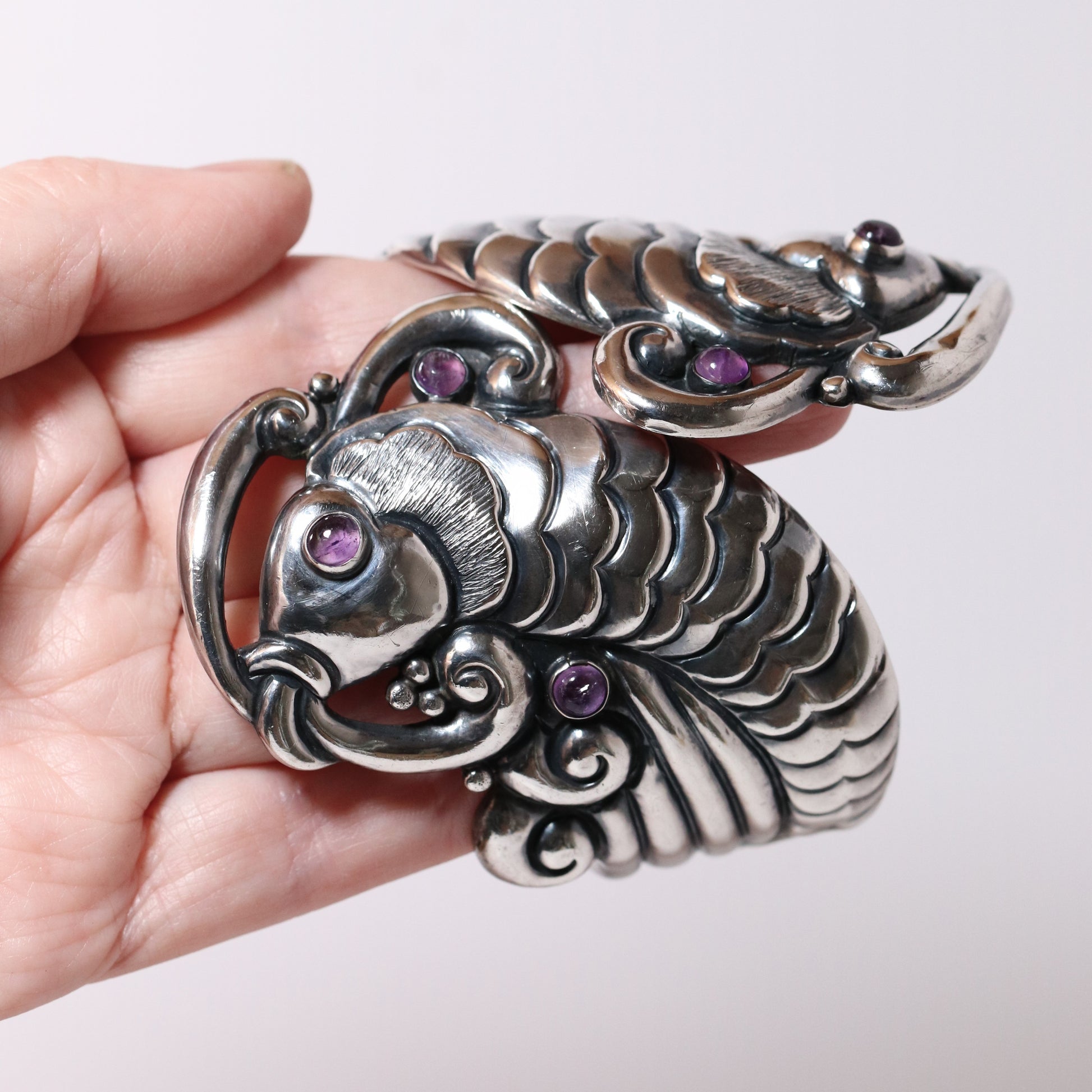 Margot de Taxco vintage silver koi bracelet with amethyst stones