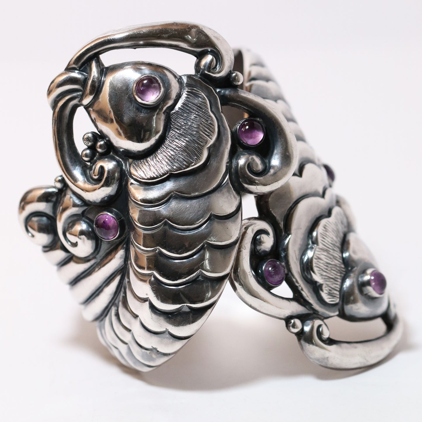 Margot de Taxco vintage silver koi bracelet with purple gemstone accents