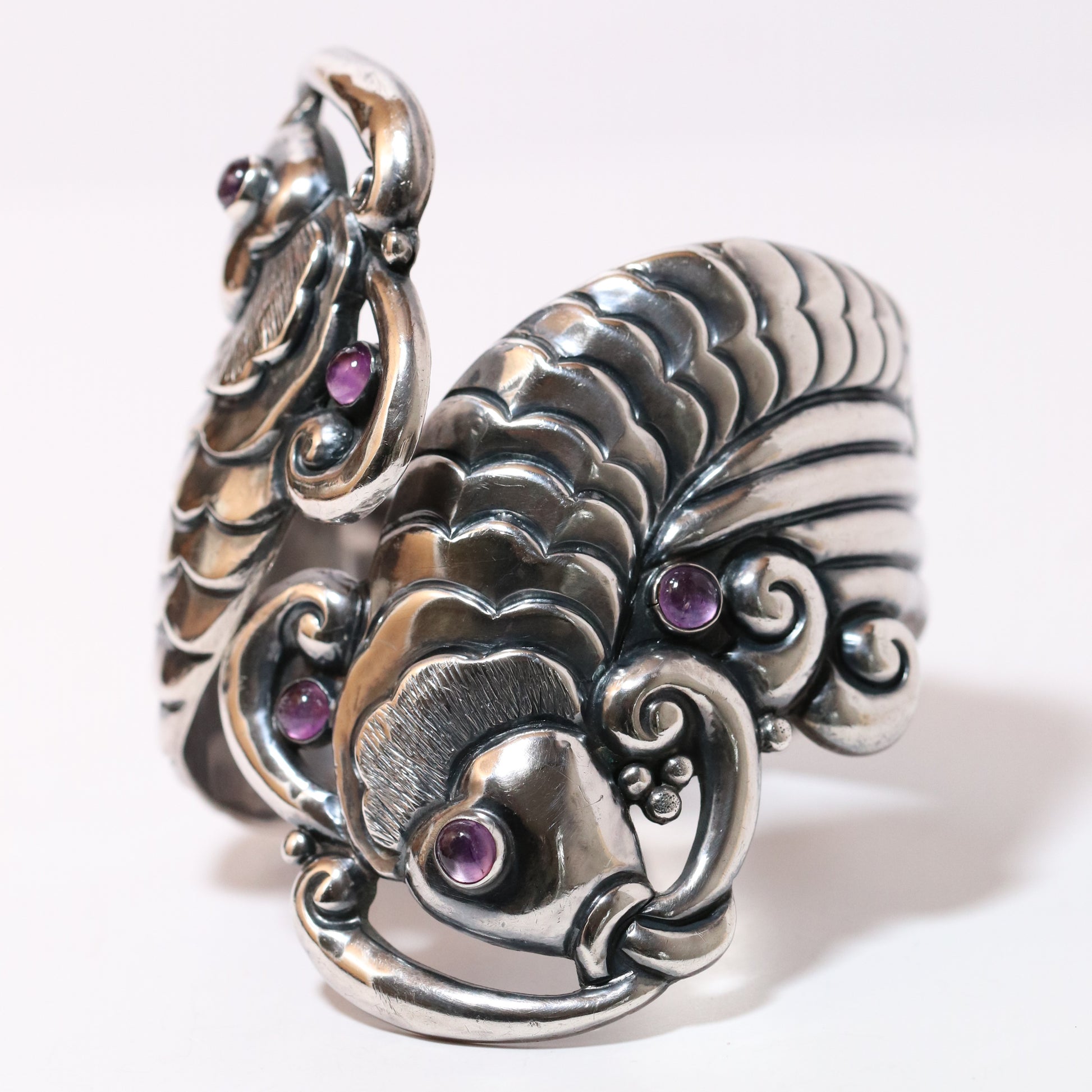 Margot de Taxco vintage silver koi bracelet with amethyst cabochons, ornate fish design