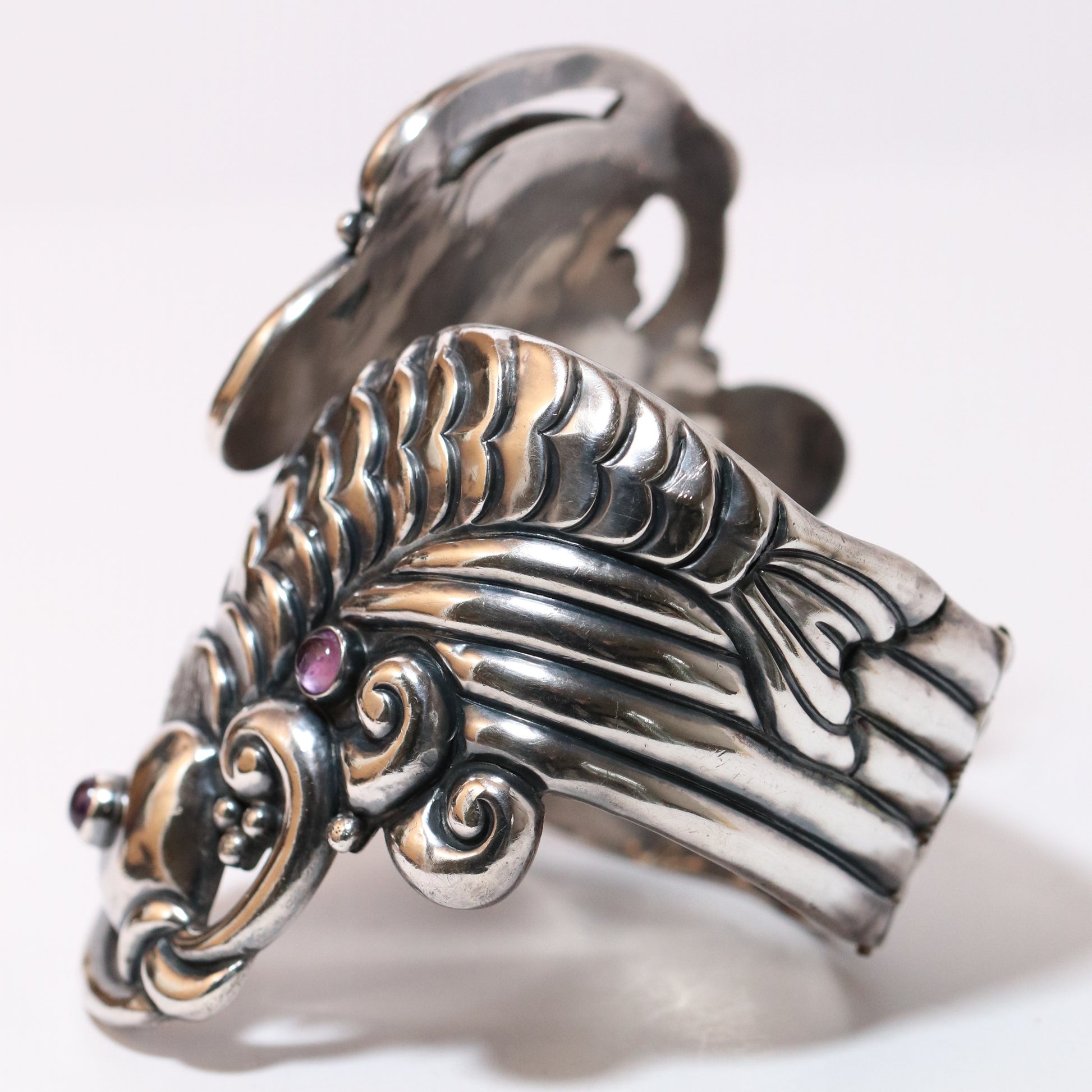 Margot de Taxco vintage silver koi bracelet with intricate design and gemstone accents