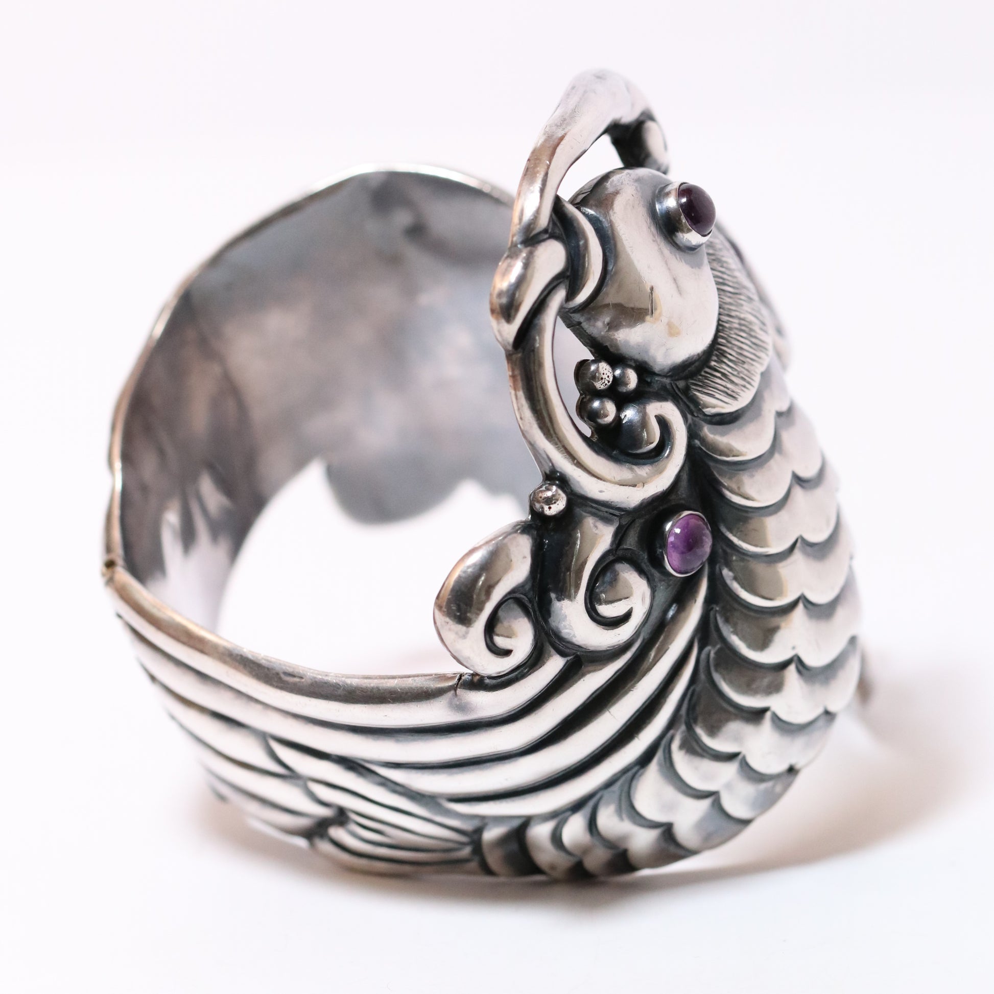 Margot de Taxco vintage silver koi bracelet with amethyst accents, intricate fish design