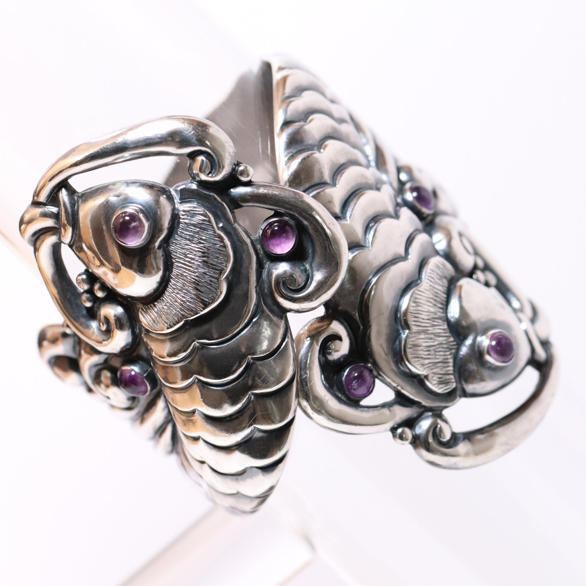 Margot de Taxco vintage silver koi bracelet with purple amethyst cabochons