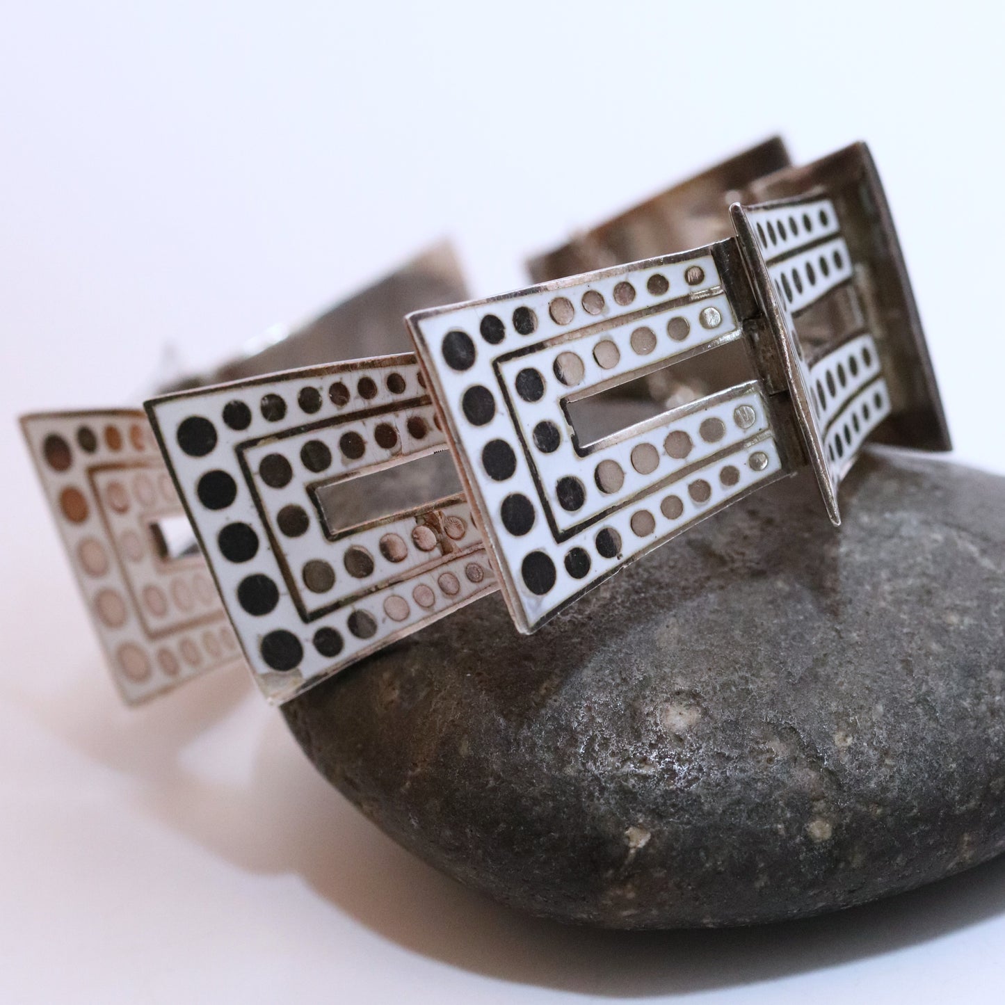 Vintage Margot de Taxco Mexican Jewelry | Iconic White and Gold Geometric Enamel Bracelet