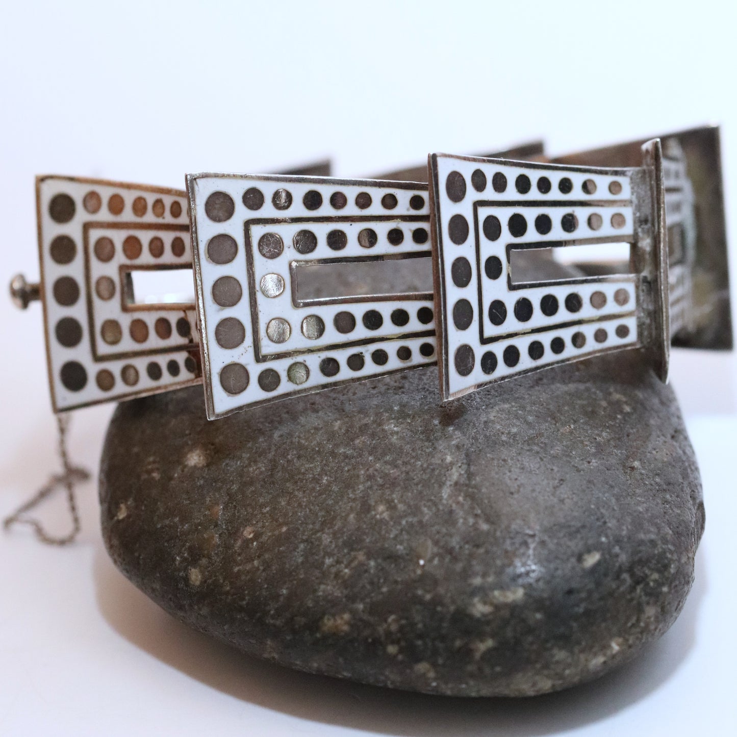 Vintage Margot de Taxco Mexican Jewelry | Iconic White and Gold Geometric Enamel Bracelet