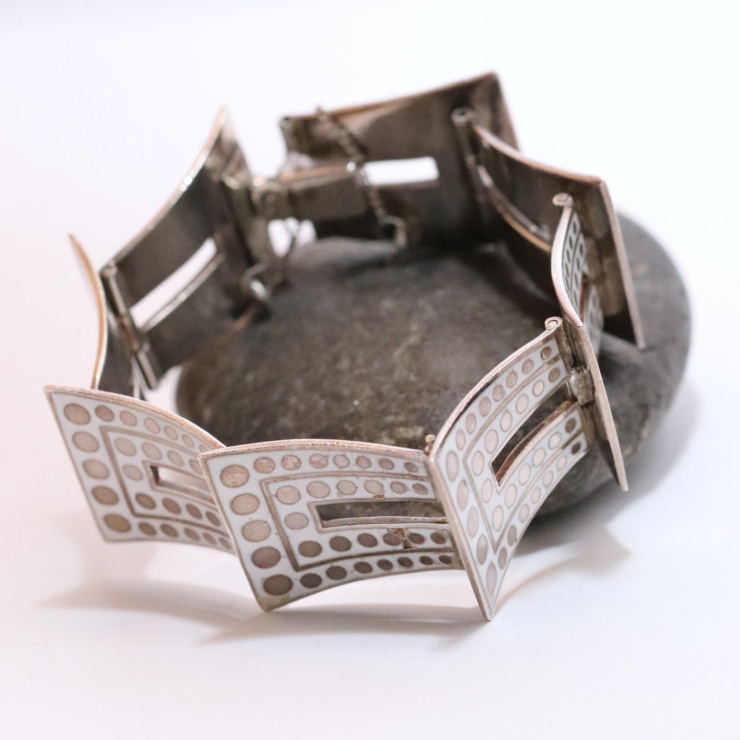 Vintage Margot de Taxco Mexican Jewelry | Iconic White and Gold Geometric Enamel Bracelet