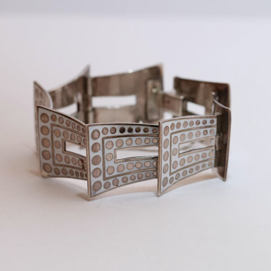 Vintage Margot de Taxco Mexican Jewelry | Iconic White and Gold Geometric Enamel Bracelet
