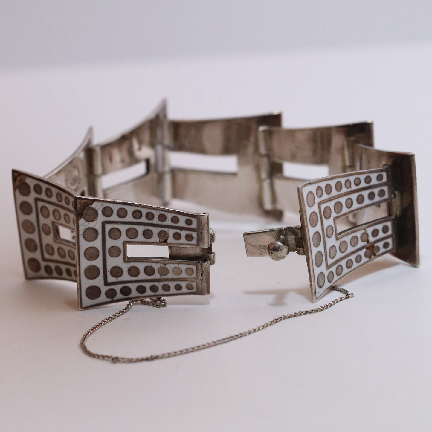 Vintage Margot de Taxco Mexican Jewelry | Iconic White and Gold Geometric Enamel Bracelet