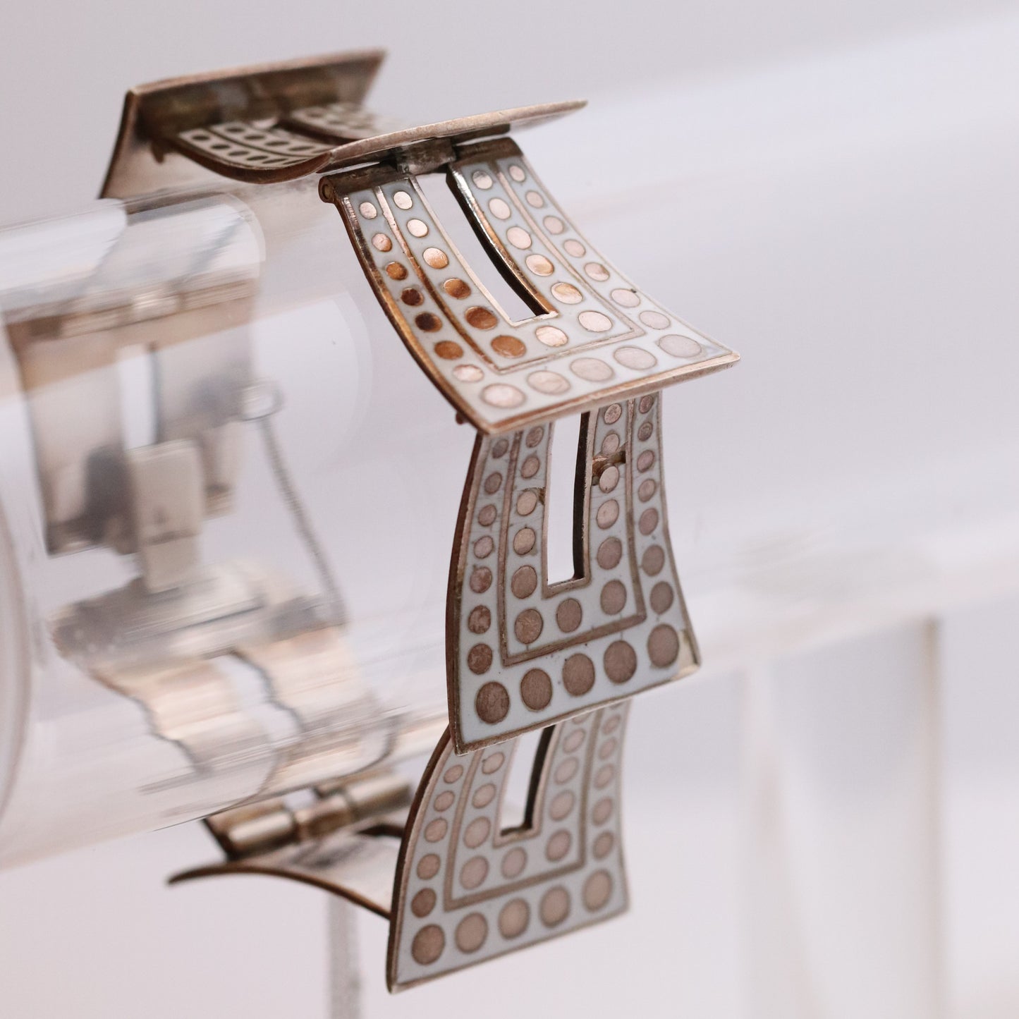 Vintage Margot de Taxco Mexican Jewelry | Iconic White and Gold Geometric Enamel Bracelet