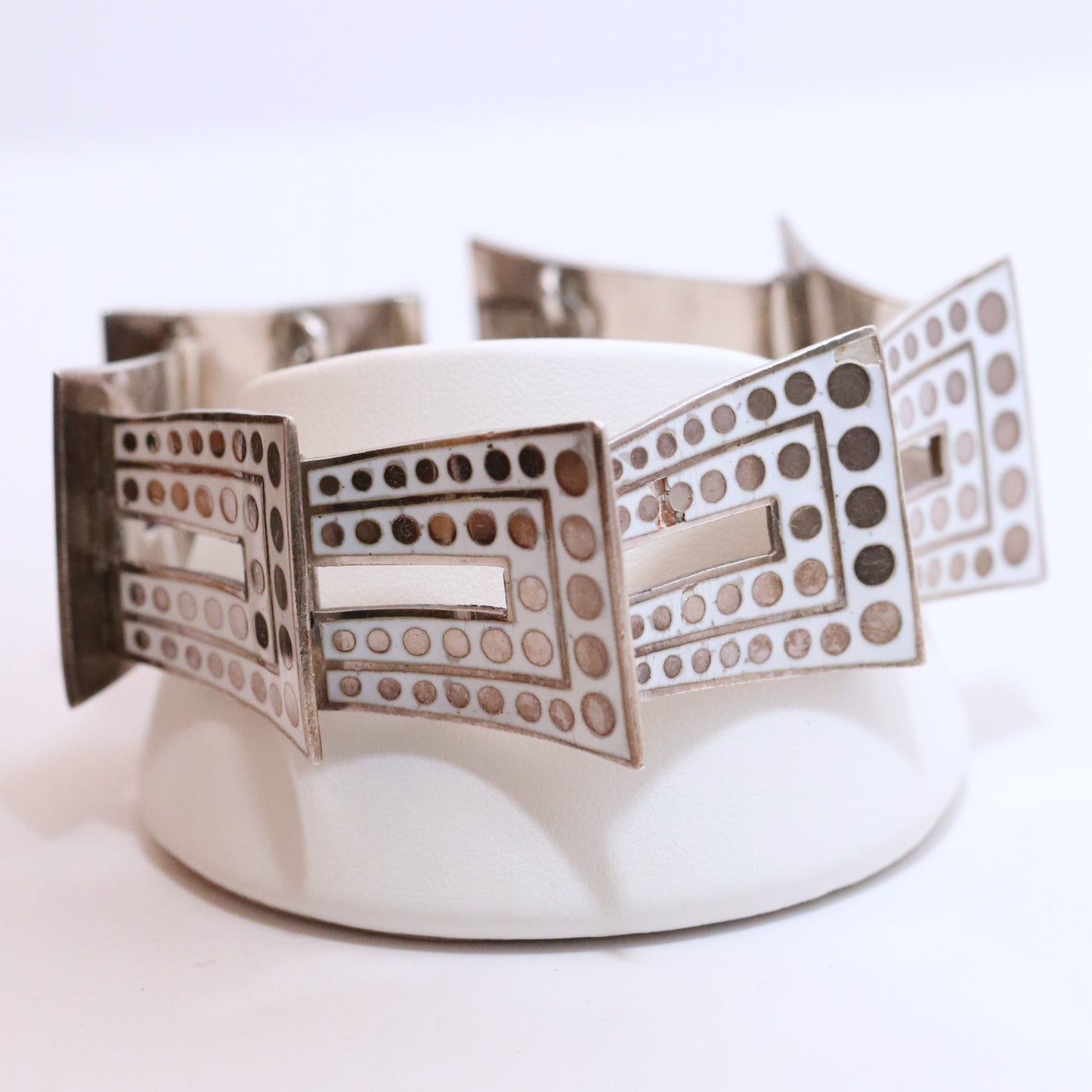 Vintage Margot de Taxco Mexican Jewelry | Iconic White and Gold Geometric Enamel Bracelet