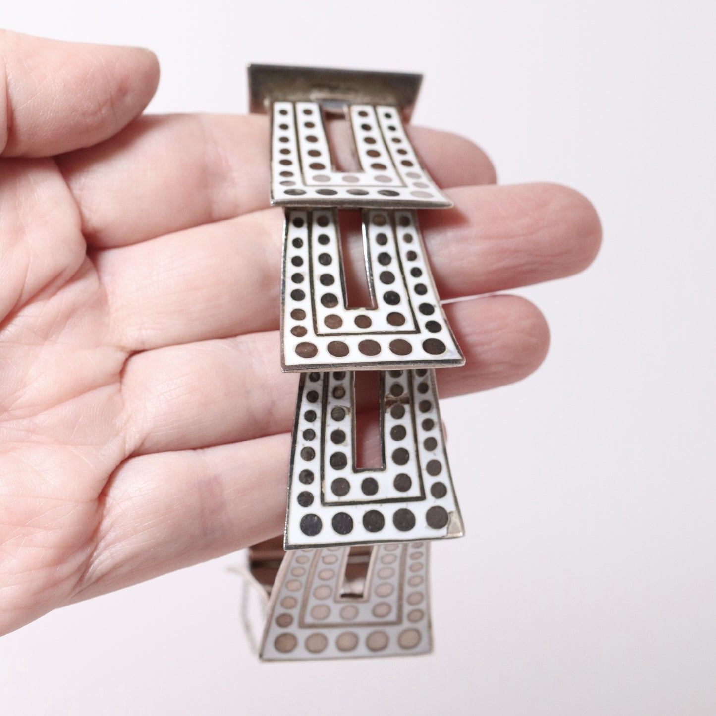 Vintage Margot de Taxco Mexican Jewelry | Iconic White and Gold Geometric Enamel Bracelet