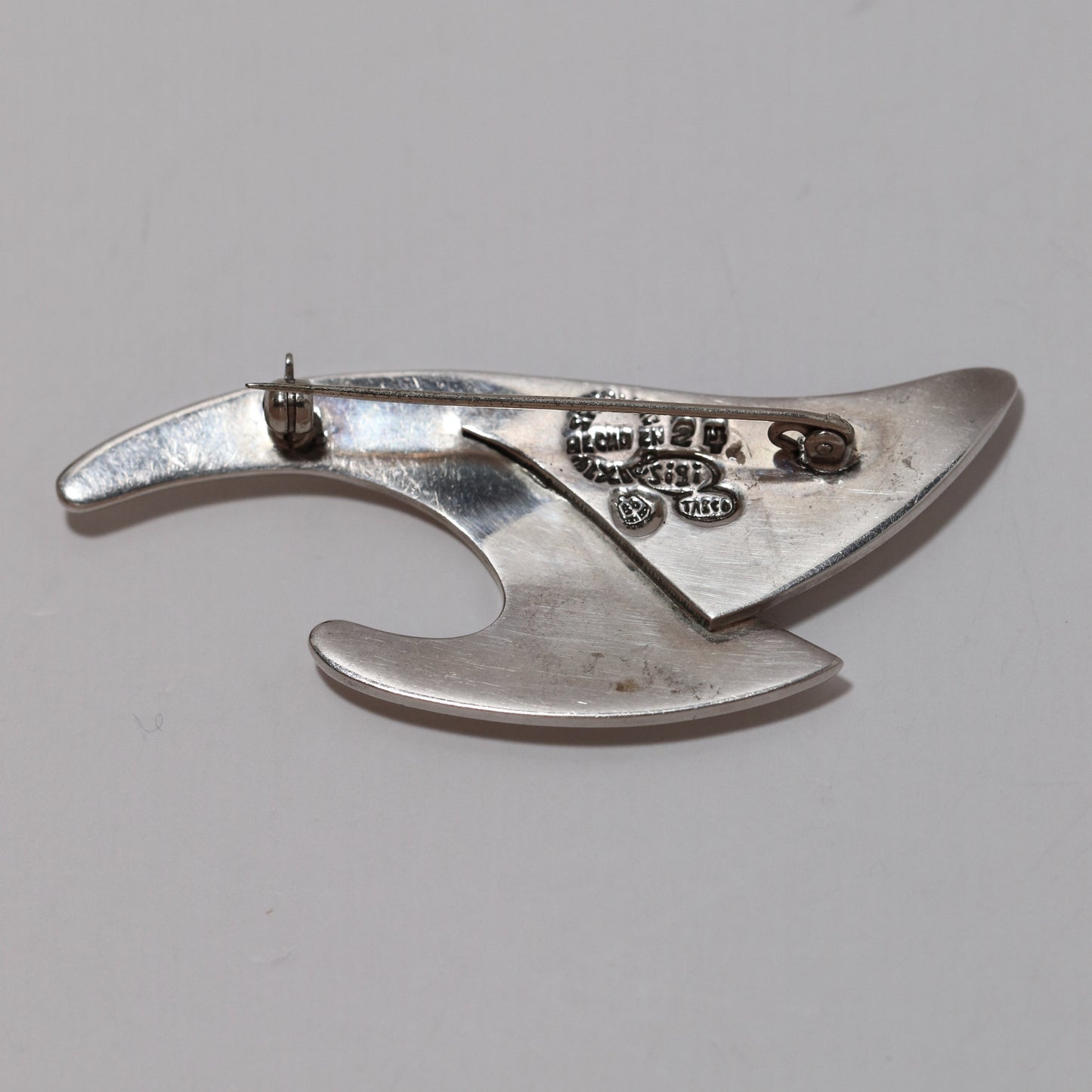 Sigi Pineda abstract Taxco Mexico sterling silver brooch with maker's marks visible