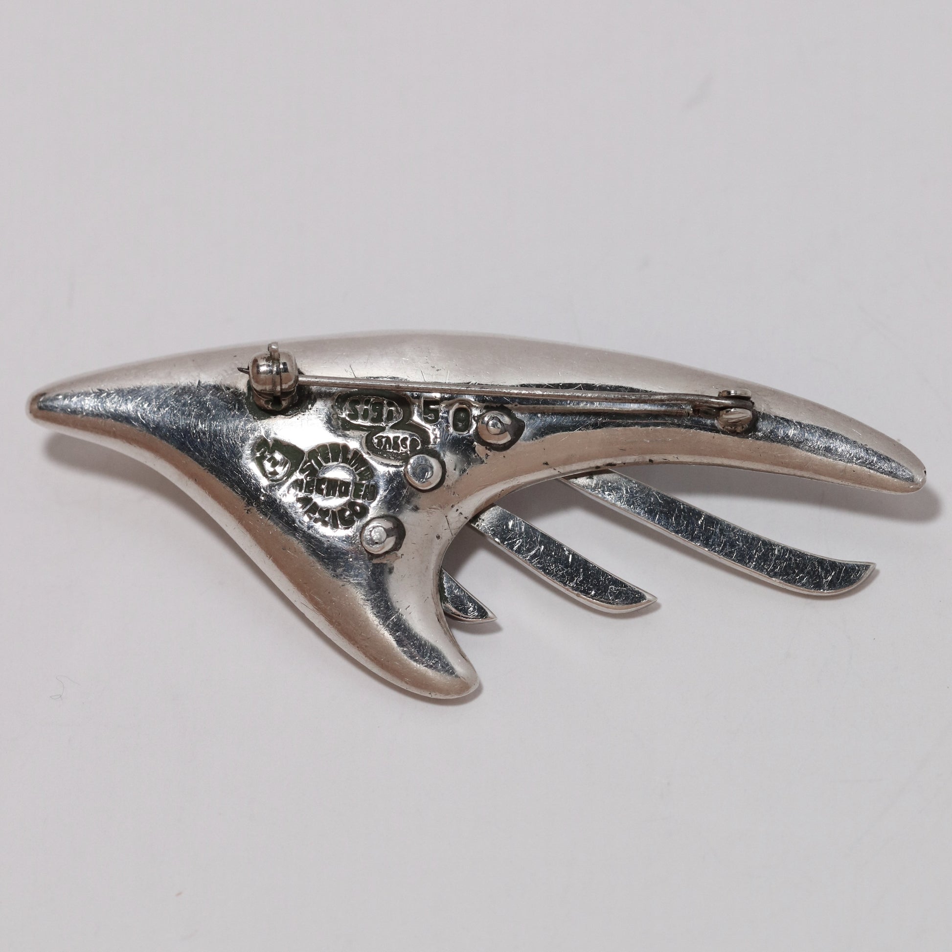 Sigi Pineda abstract sterling silver fish or bird brooch with Taxco markings