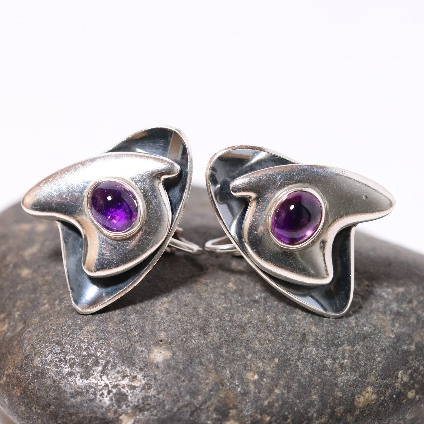 Vintage Sigi Pineda Taxco Jewelry | Modernist Amethyst Abstract Earrings